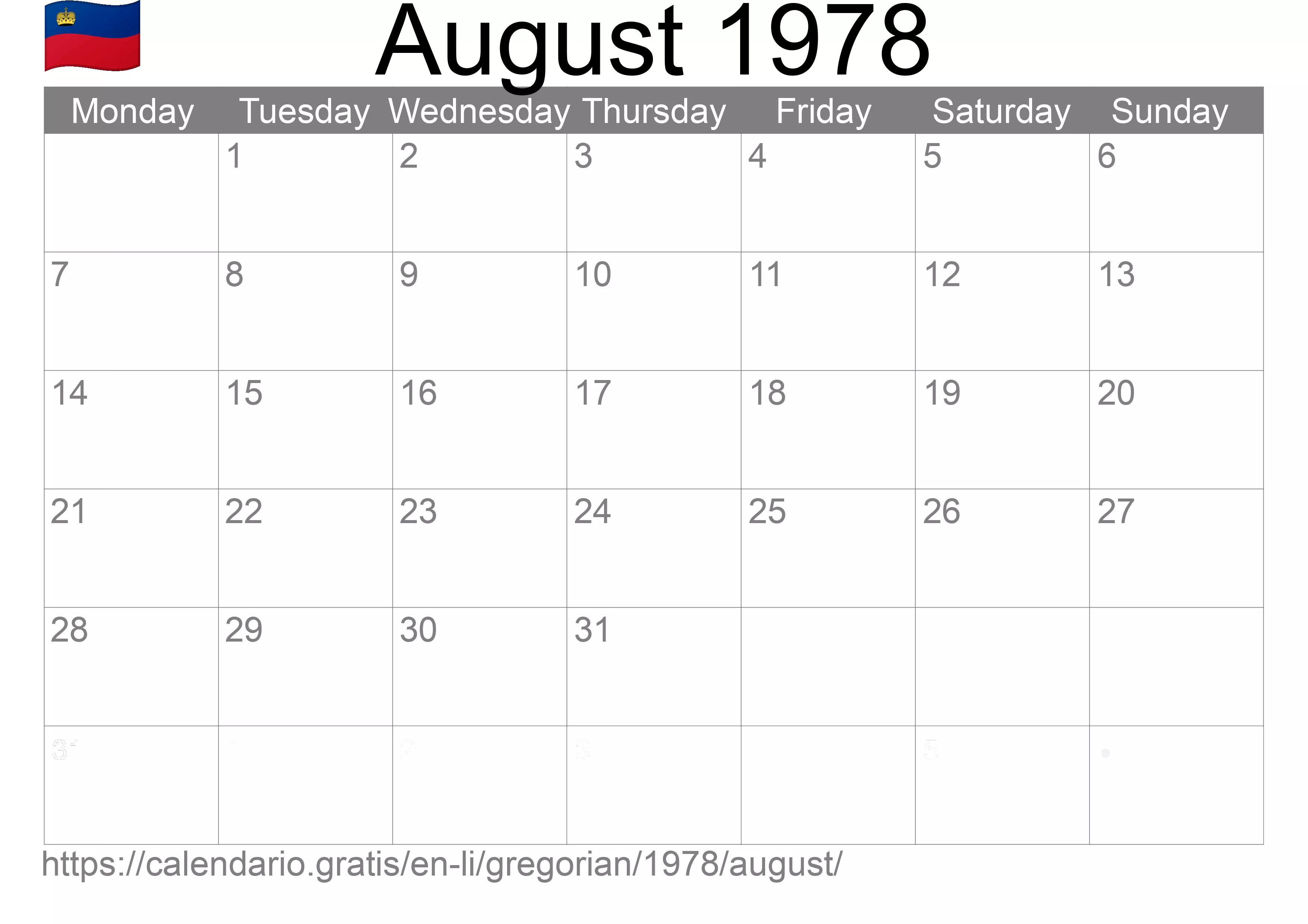 Calendar August 1978 to print (Liechtenstein) Calendar August 1978 to print (Liechtenstein)