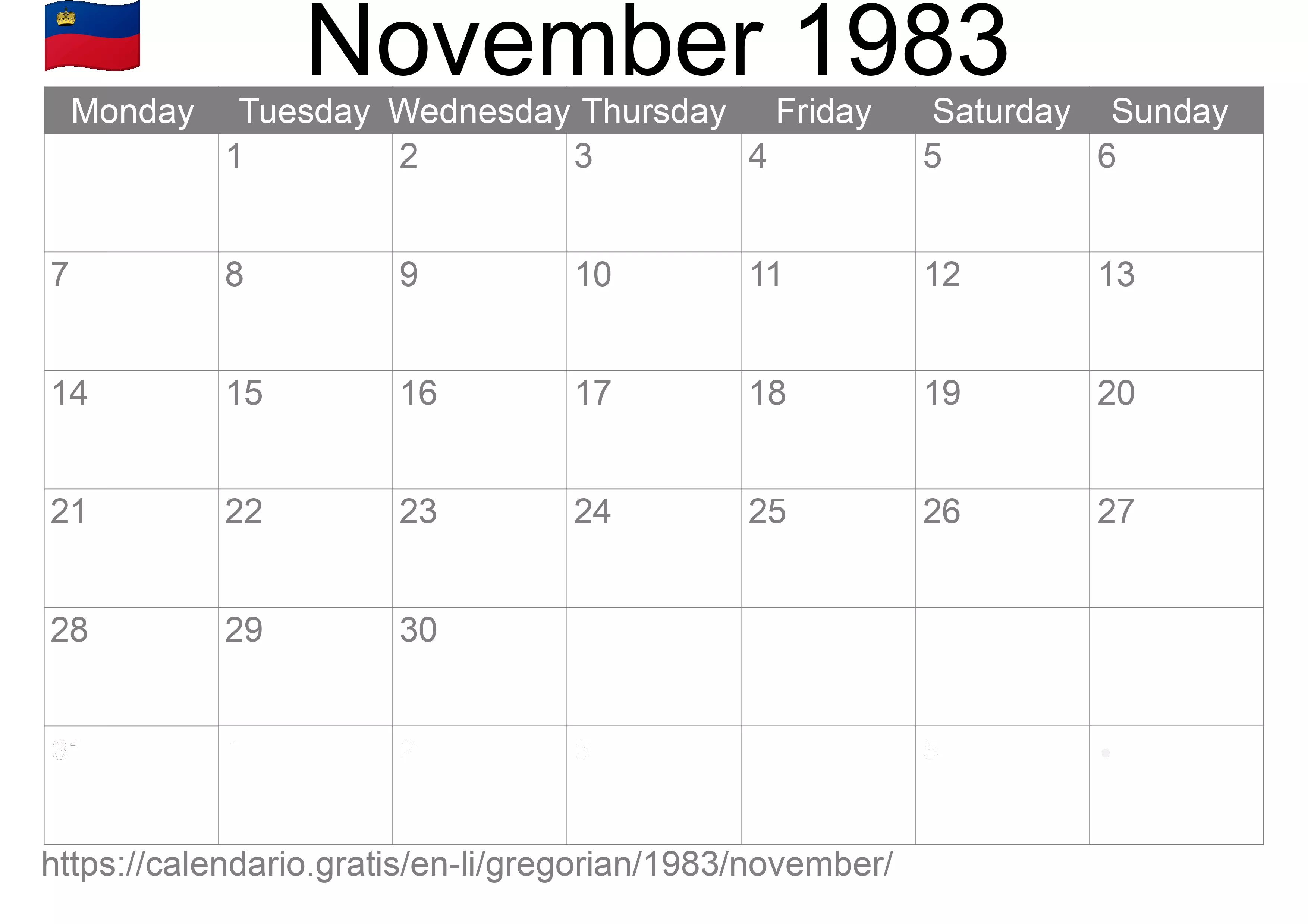 Calendar November 1983 to print (Liechtenstein)