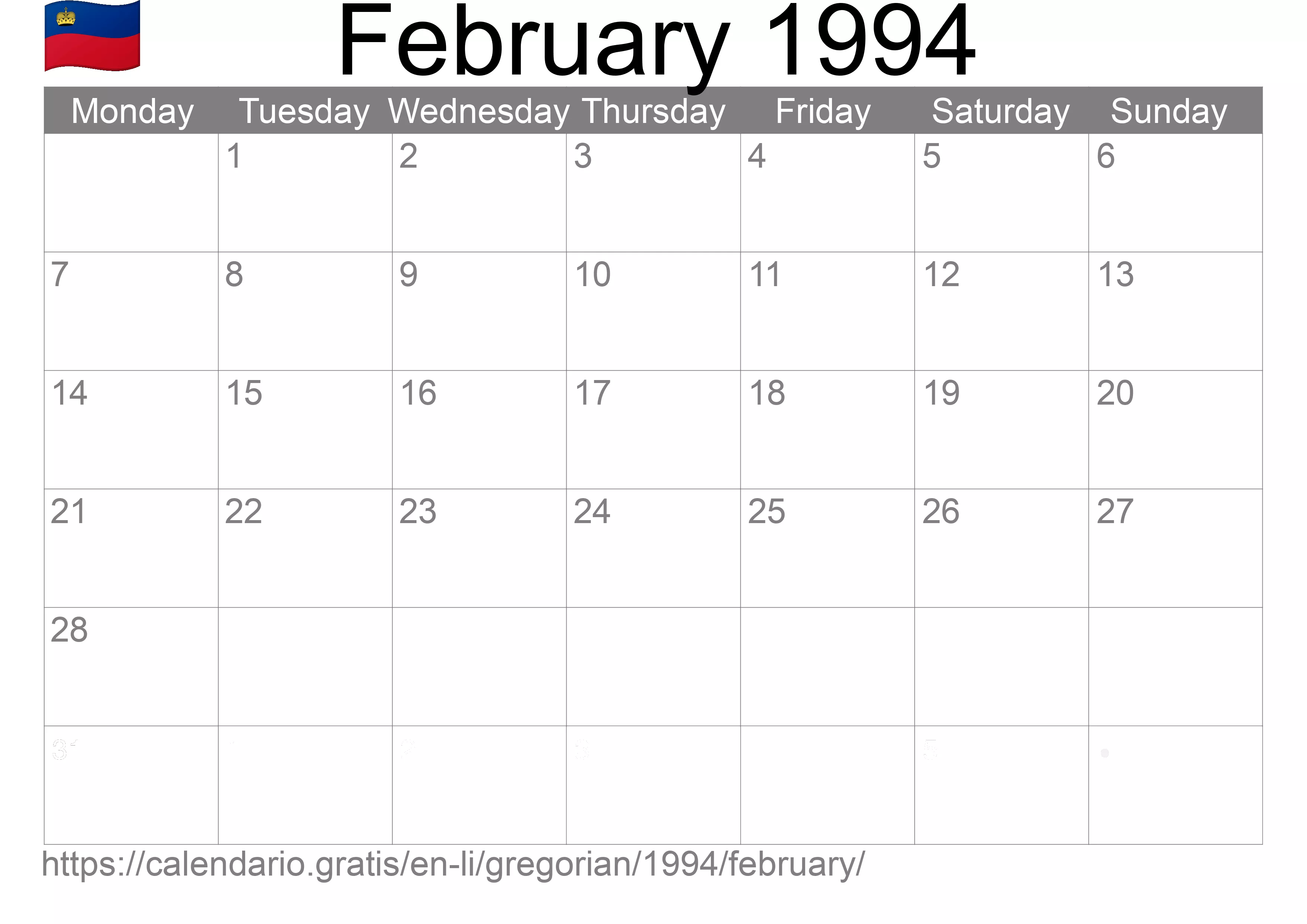 Calendar February 1994 to print (Liechtenstein) Calendar February 1994 to print (Liechtenstein)