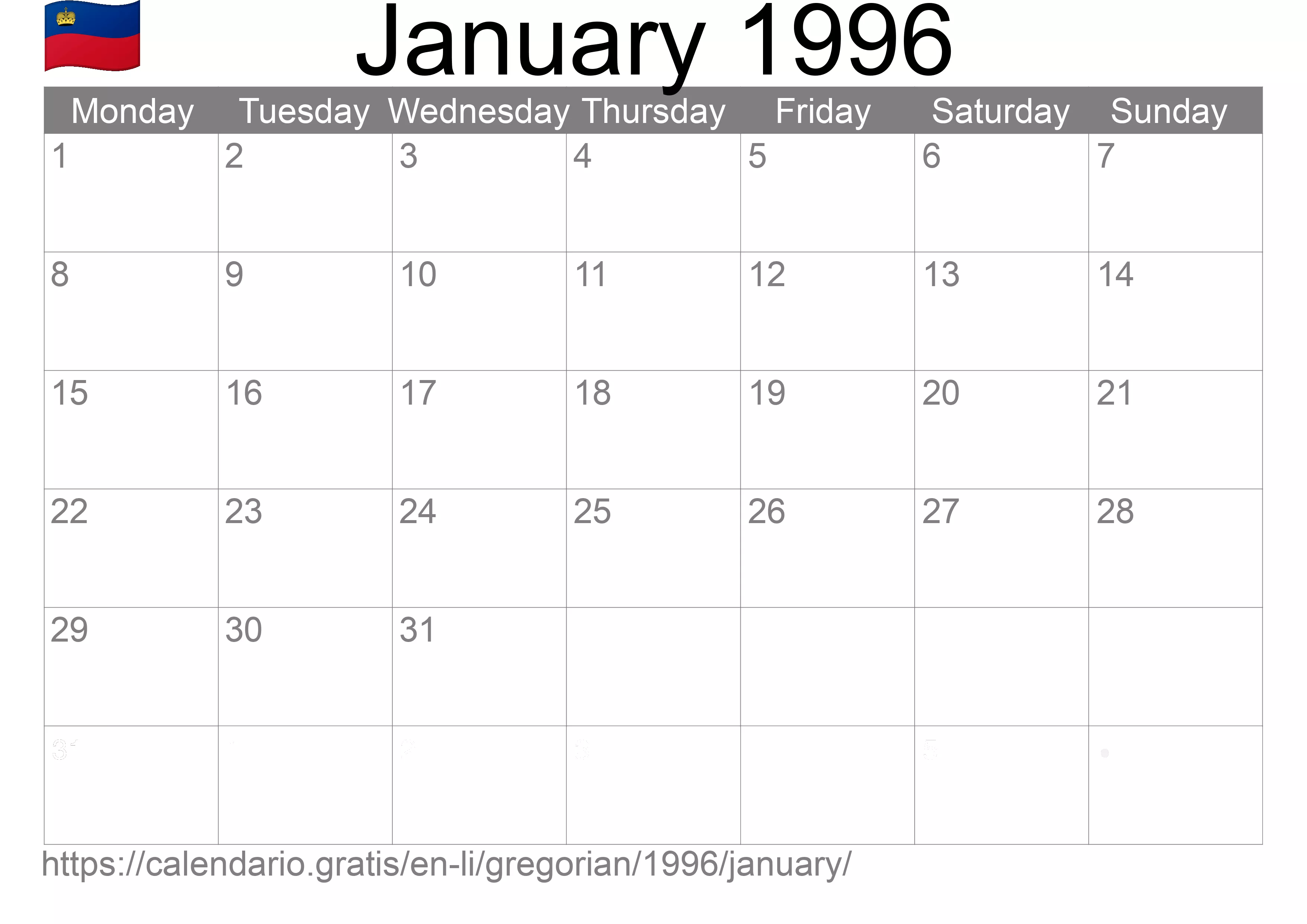 Calendar January 1996 to print (Liechtenstein) Calendar January 1996 to print (Liechtenstein)