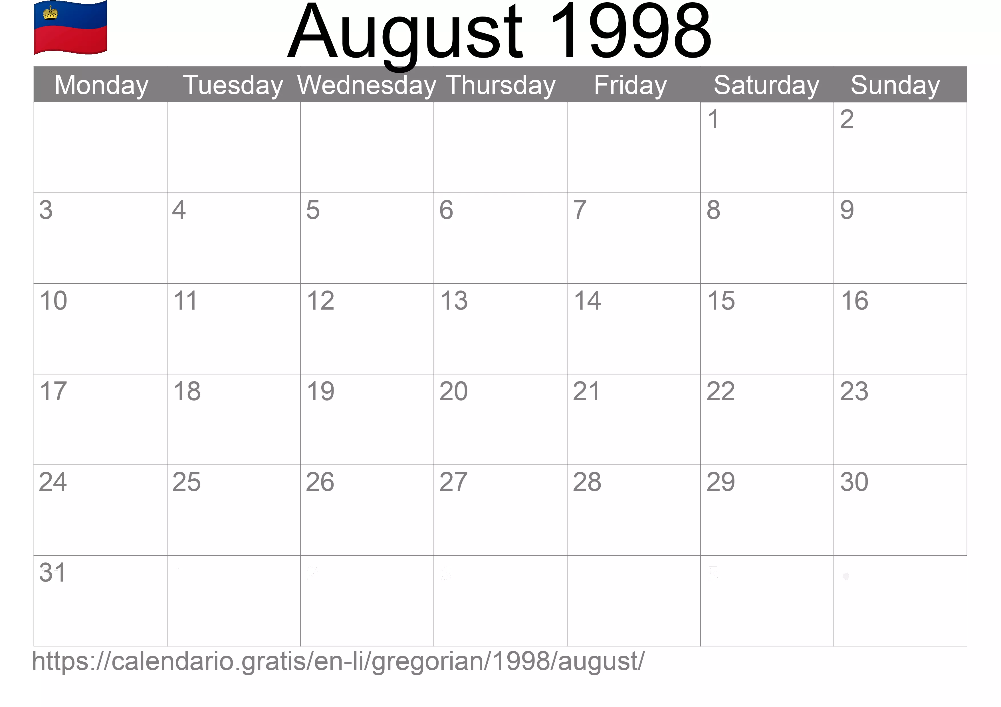 Calendar August 1998 to print (Liechtenstein) Calendar August 1998 to print (Liechtenstein)