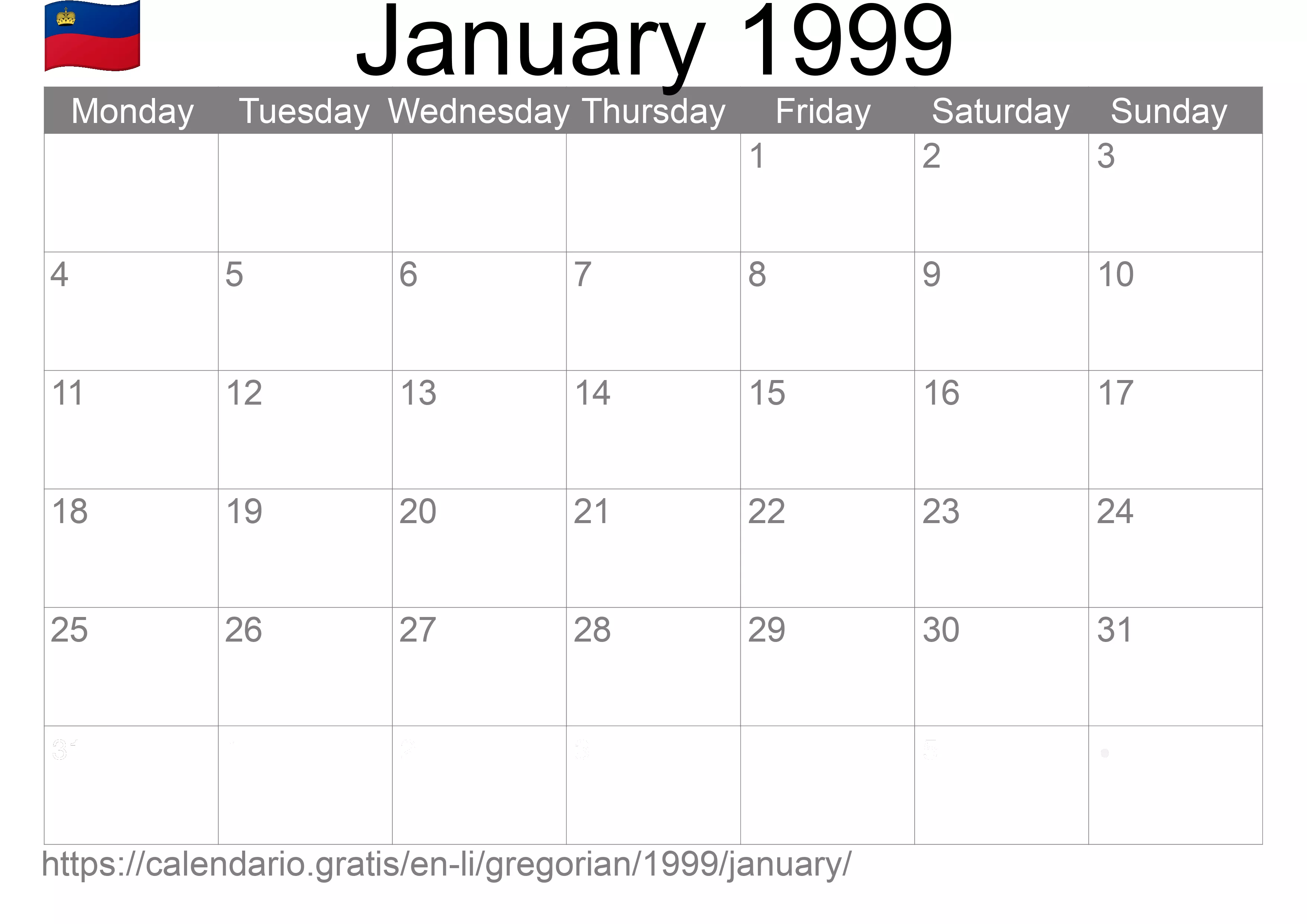 Calendar January 1999 to print (Liechtenstein)
