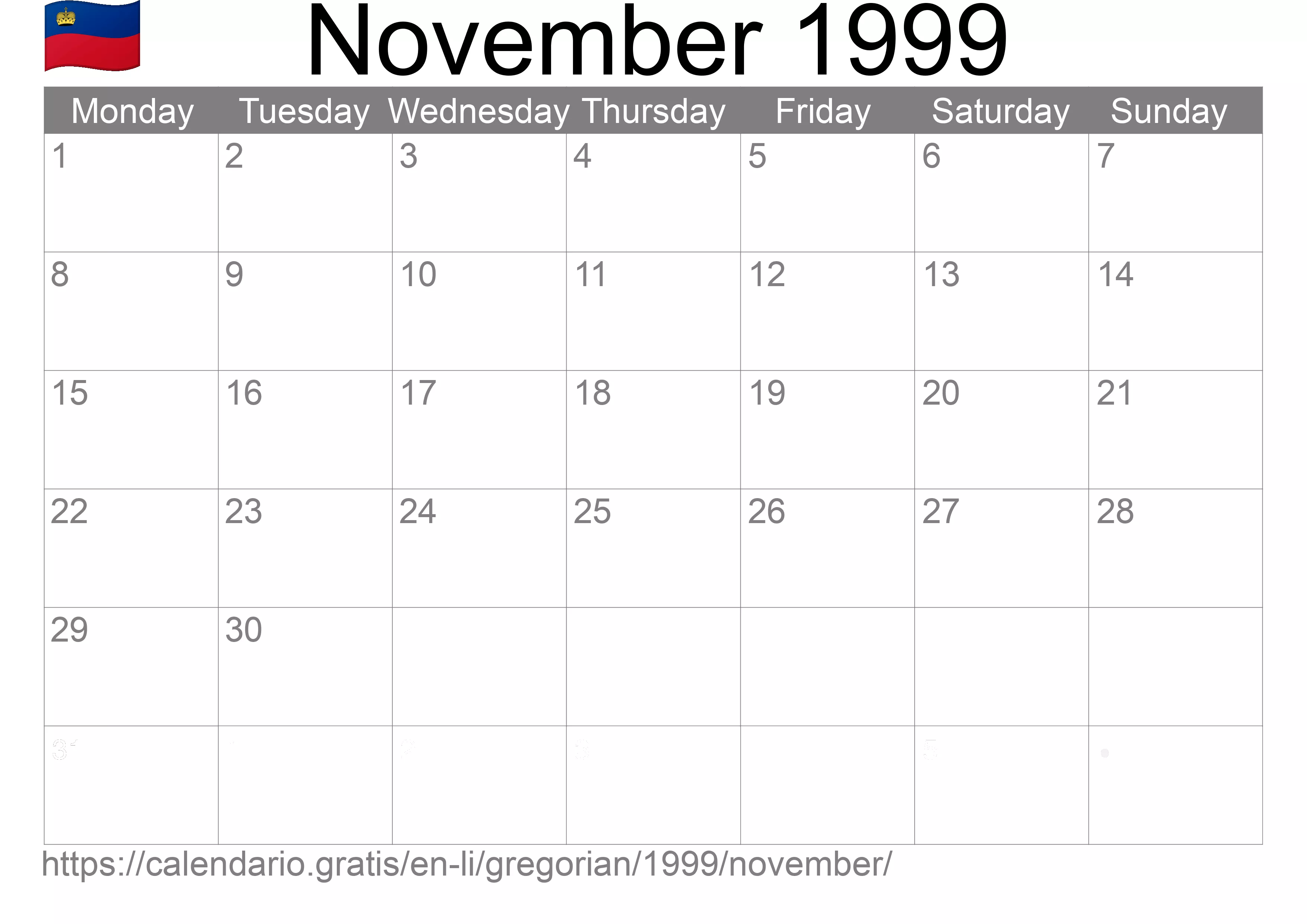 Calendar November 1999 to print (Liechtenstein)