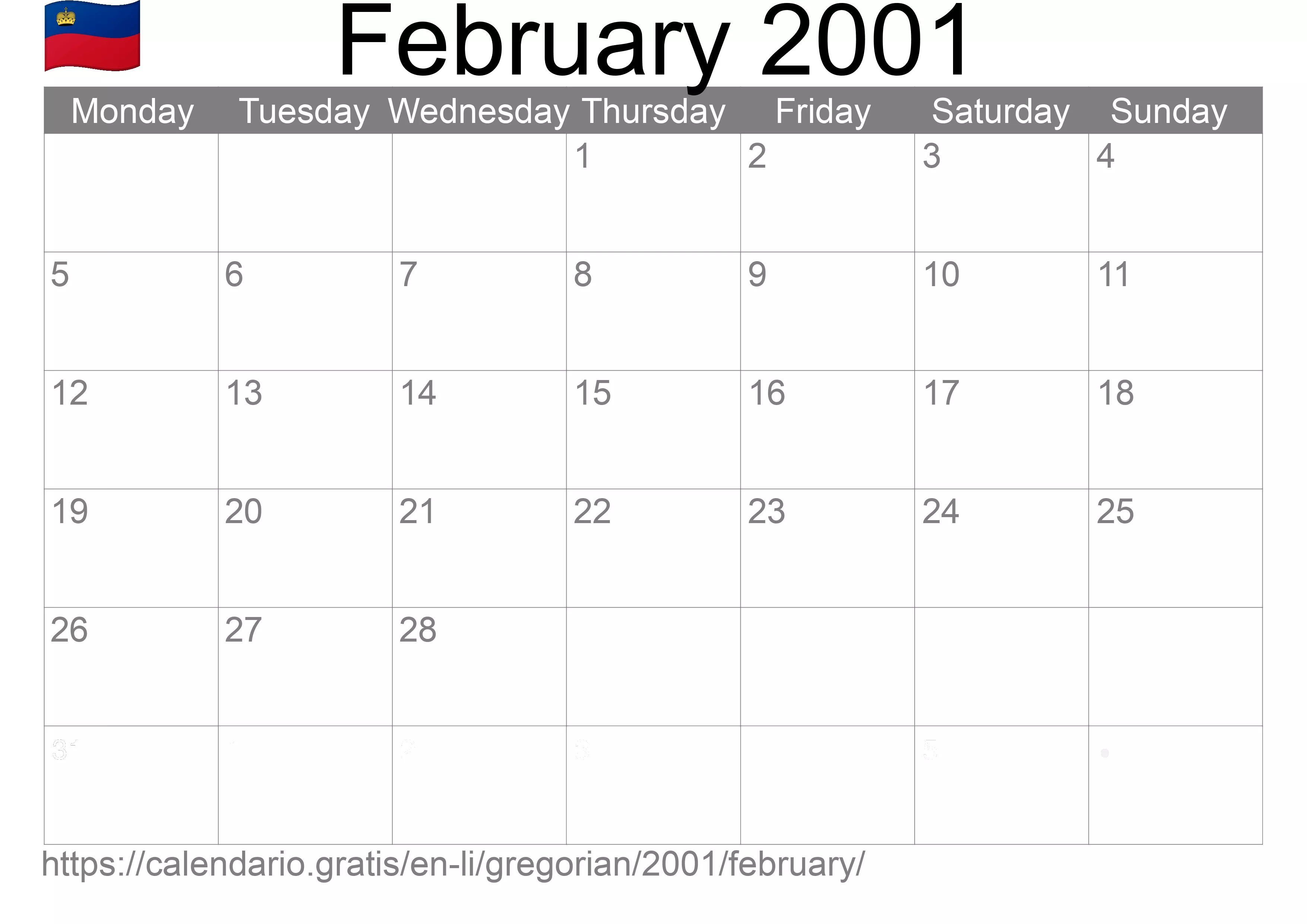 Calendar February 2001 to print (Liechtenstein) Calendar February 2001 to print (Liechtenstein)