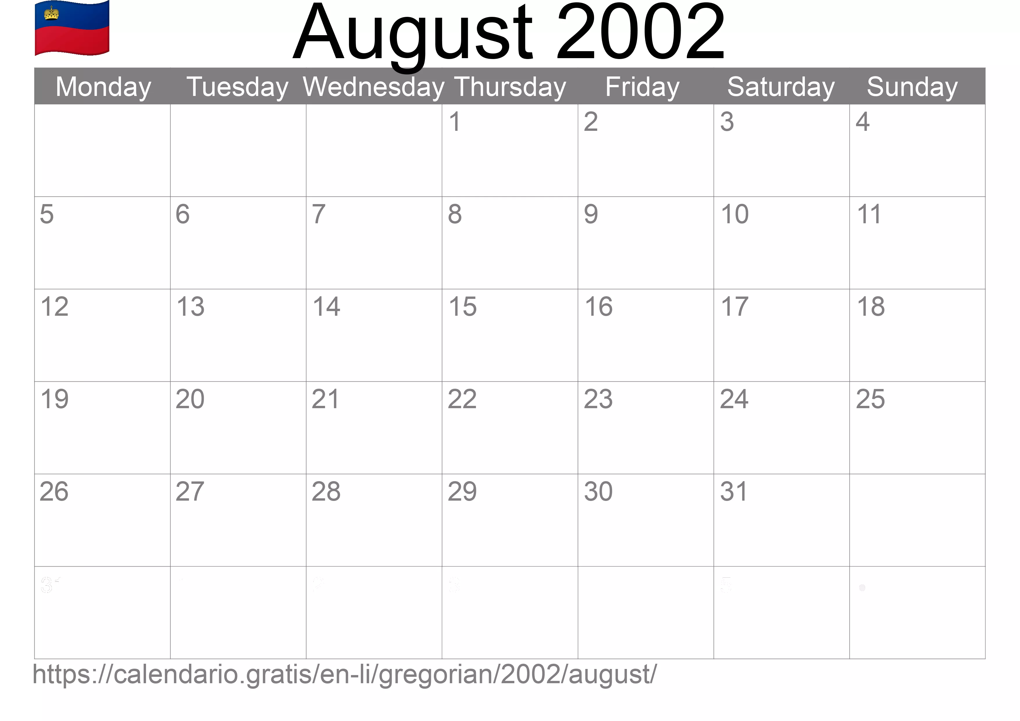 Calendar August 2002 to print (Liechtenstein) Calendar August 2002 to print (Liechtenstein)