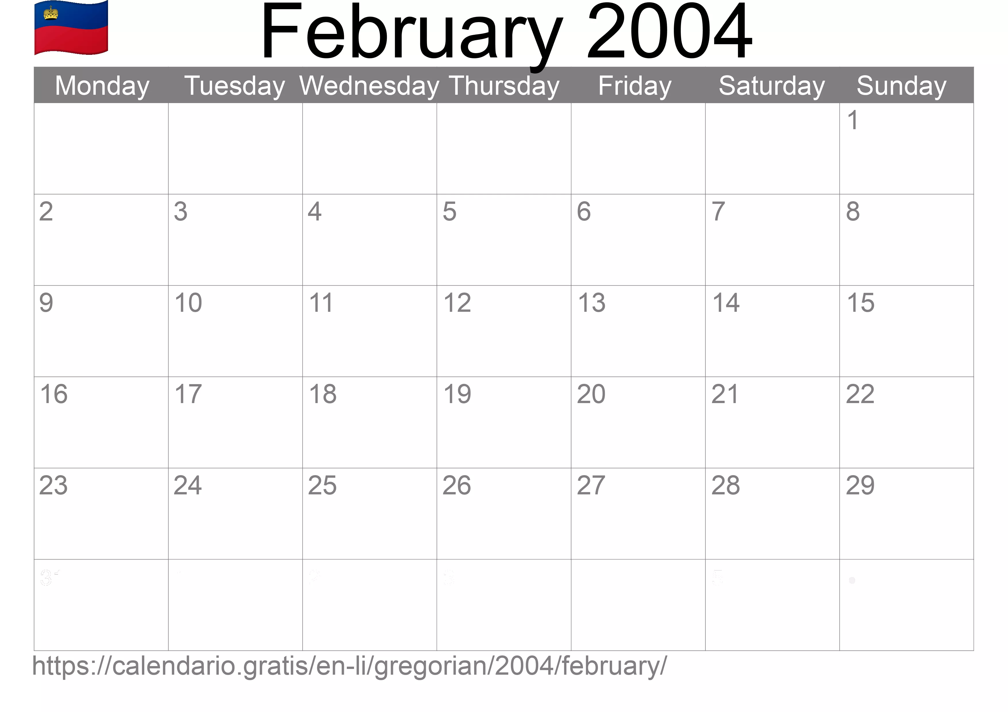 Calendar February 2004 to print (Liechtenstein) Calendar February 2004 to print (Liechtenstein)