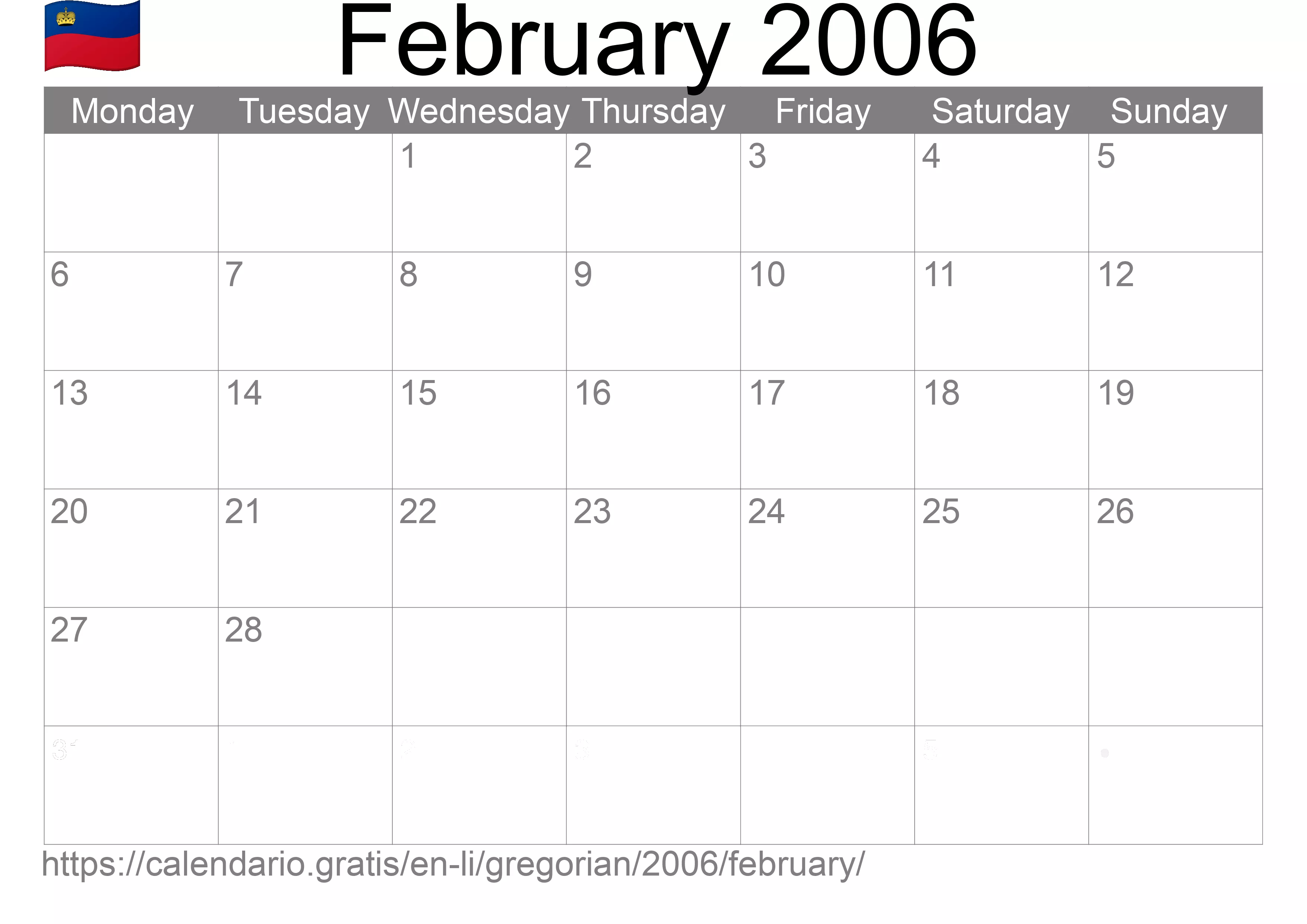 Calendar February 2006 to print (Liechtenstein)
