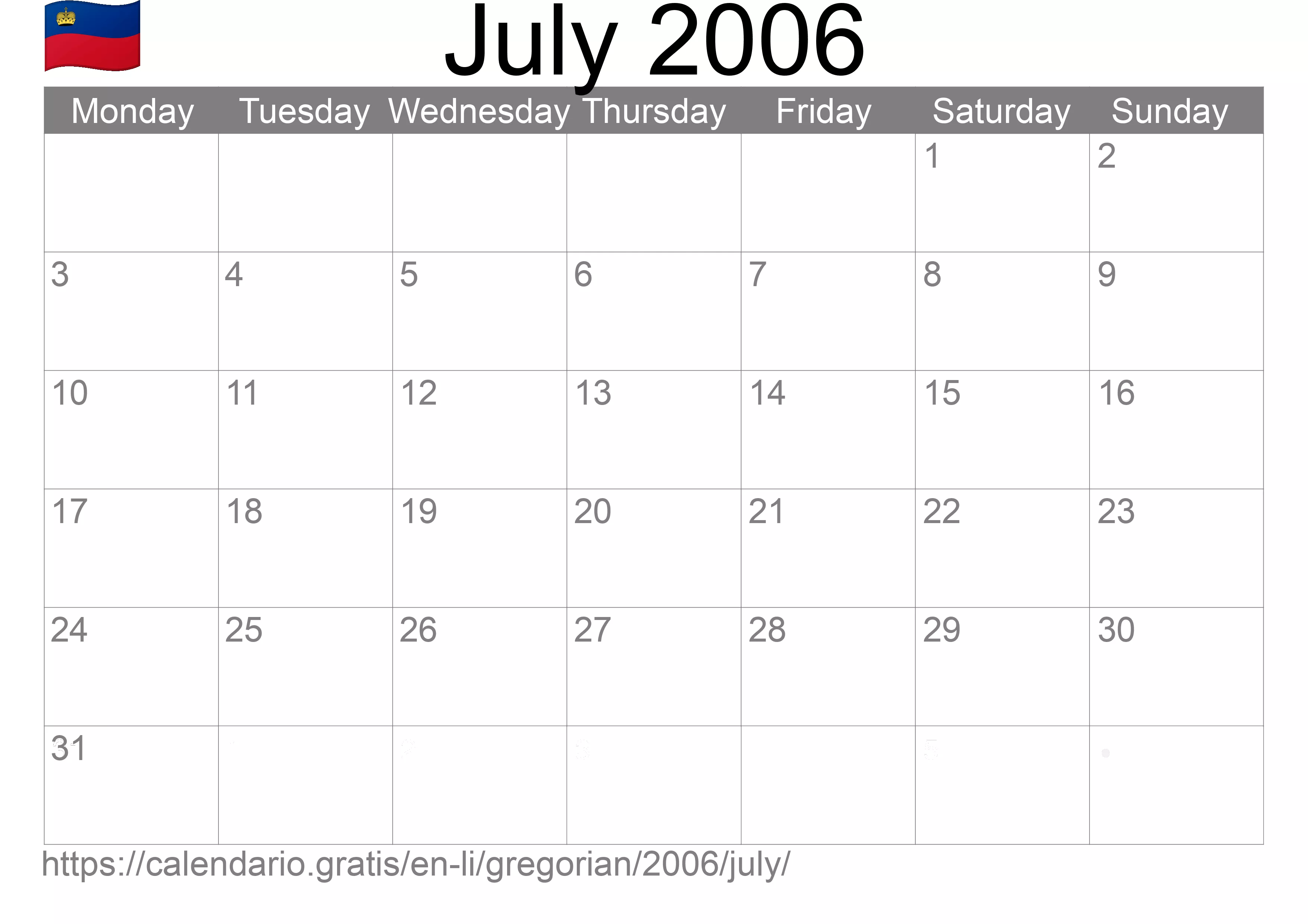 Calendar July 2006 to print (Liechtenstein)