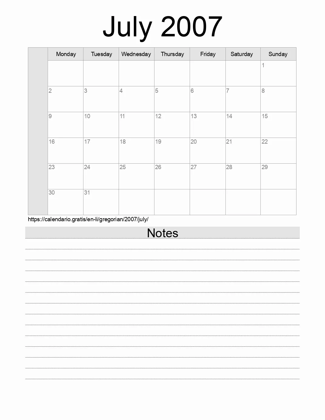 Calendar for printing with notes for 2007 July . (Liechtenstein) Calendar for printing with notes for 2007 July . (Liechtenstein)