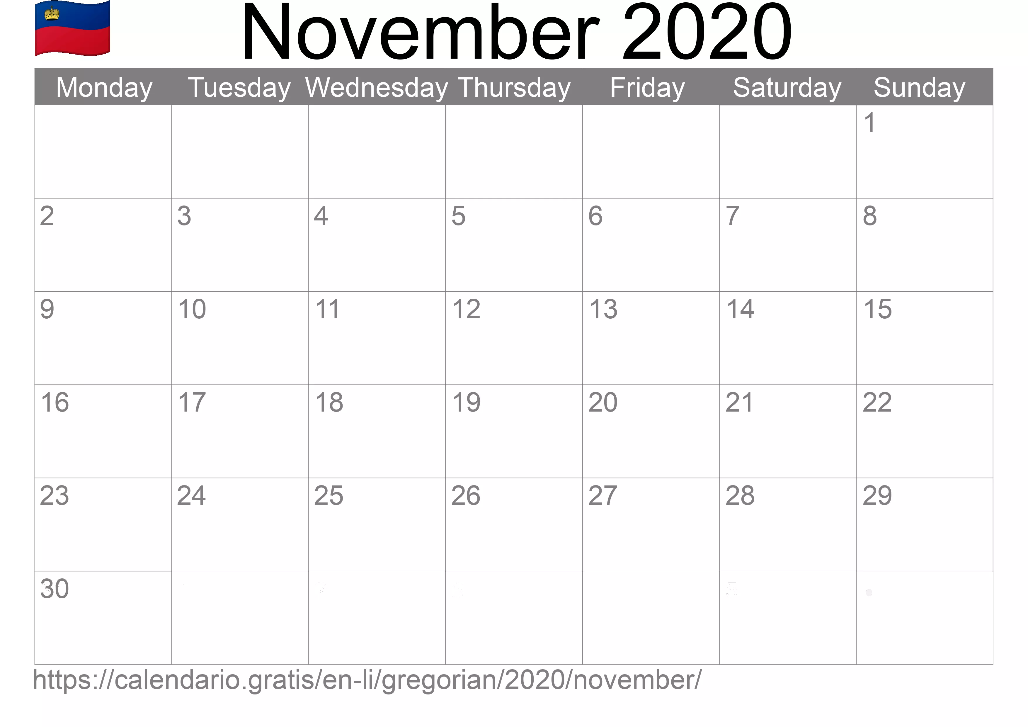 Calendar November 2020 to print (Liechtenstein)