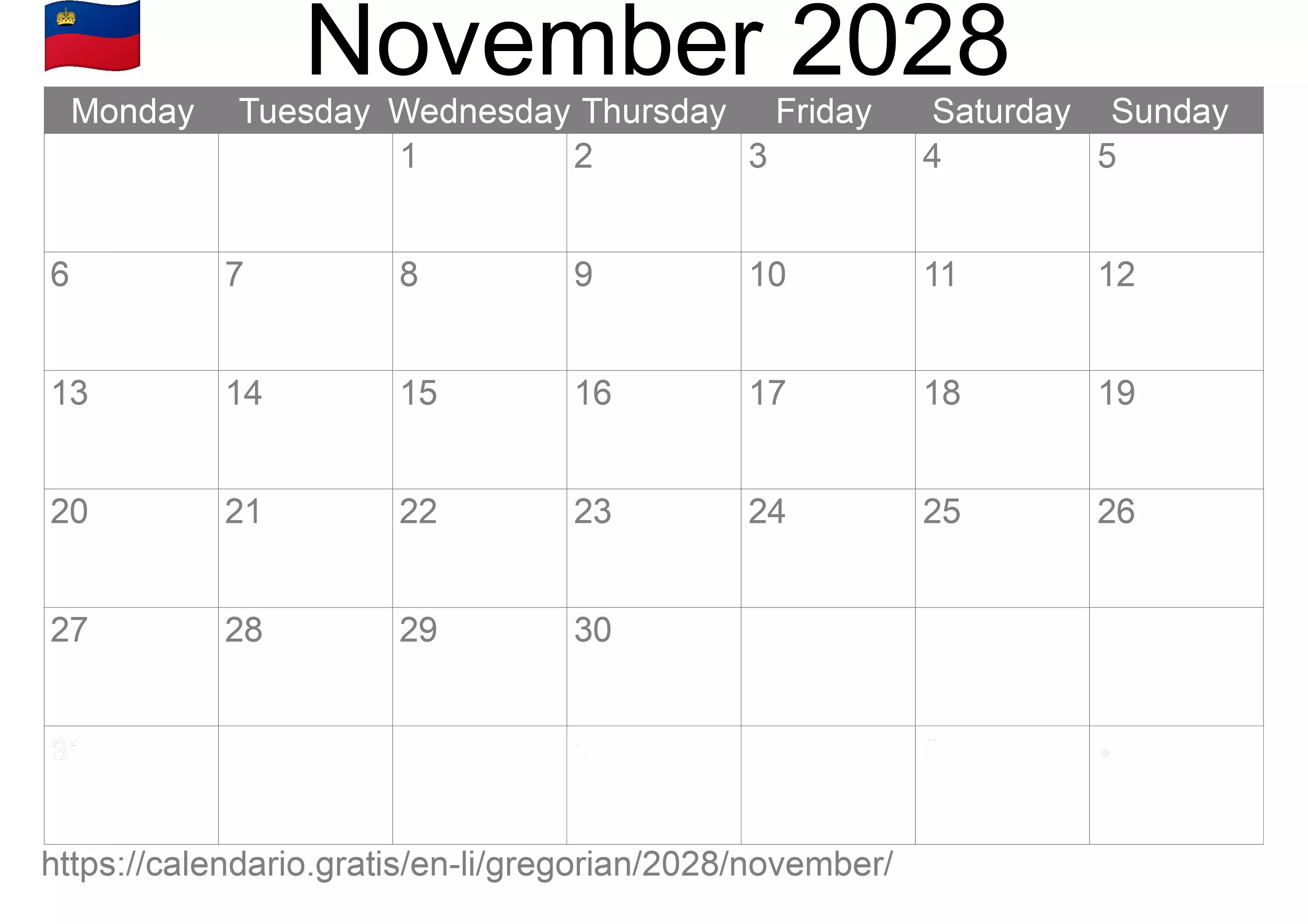 Calendar November 2028 to print (Liechtenstein)