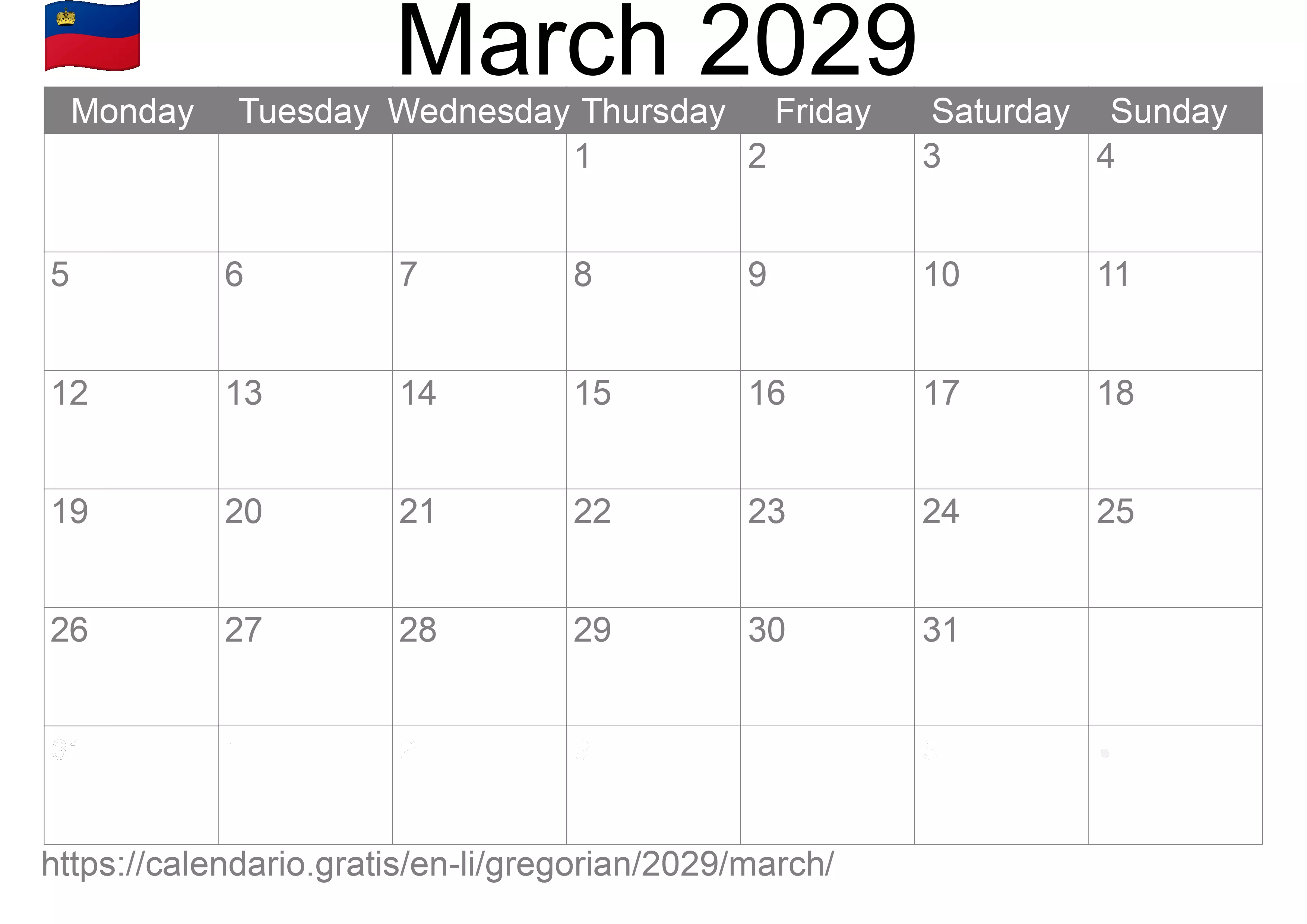 Calendar March 2029 to print (Liechtenstein) Calendar March 2029 to print (Liechtenstein)