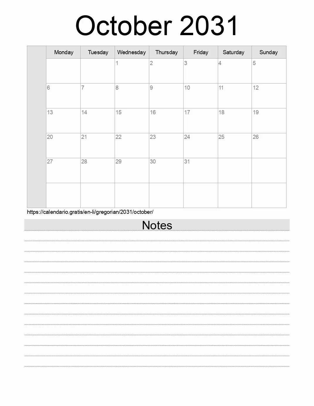 Calendar for printing with notes for 2031 October . (Liechtenstein)