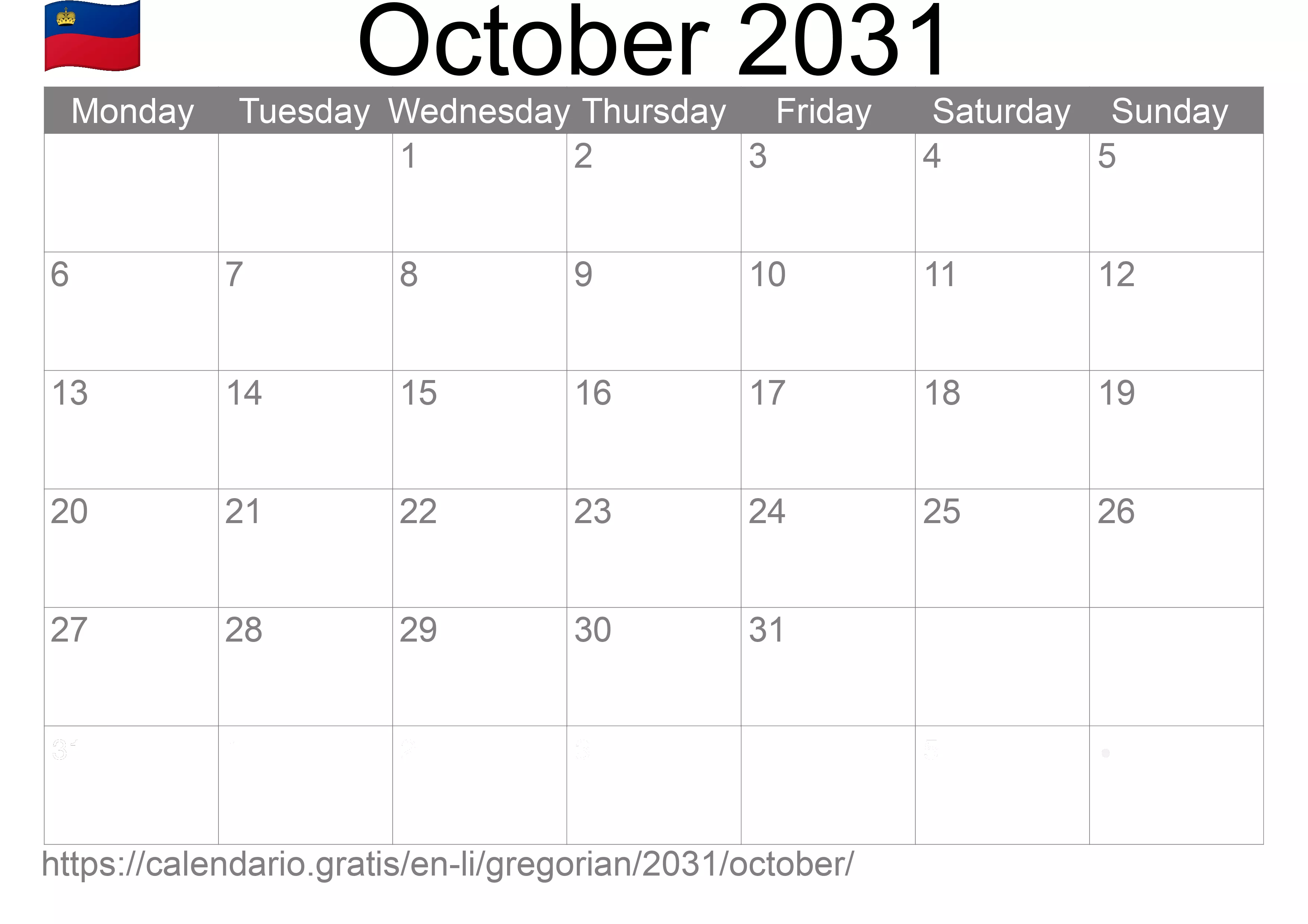 Calendar October 2031 to print (Liechtenstein)