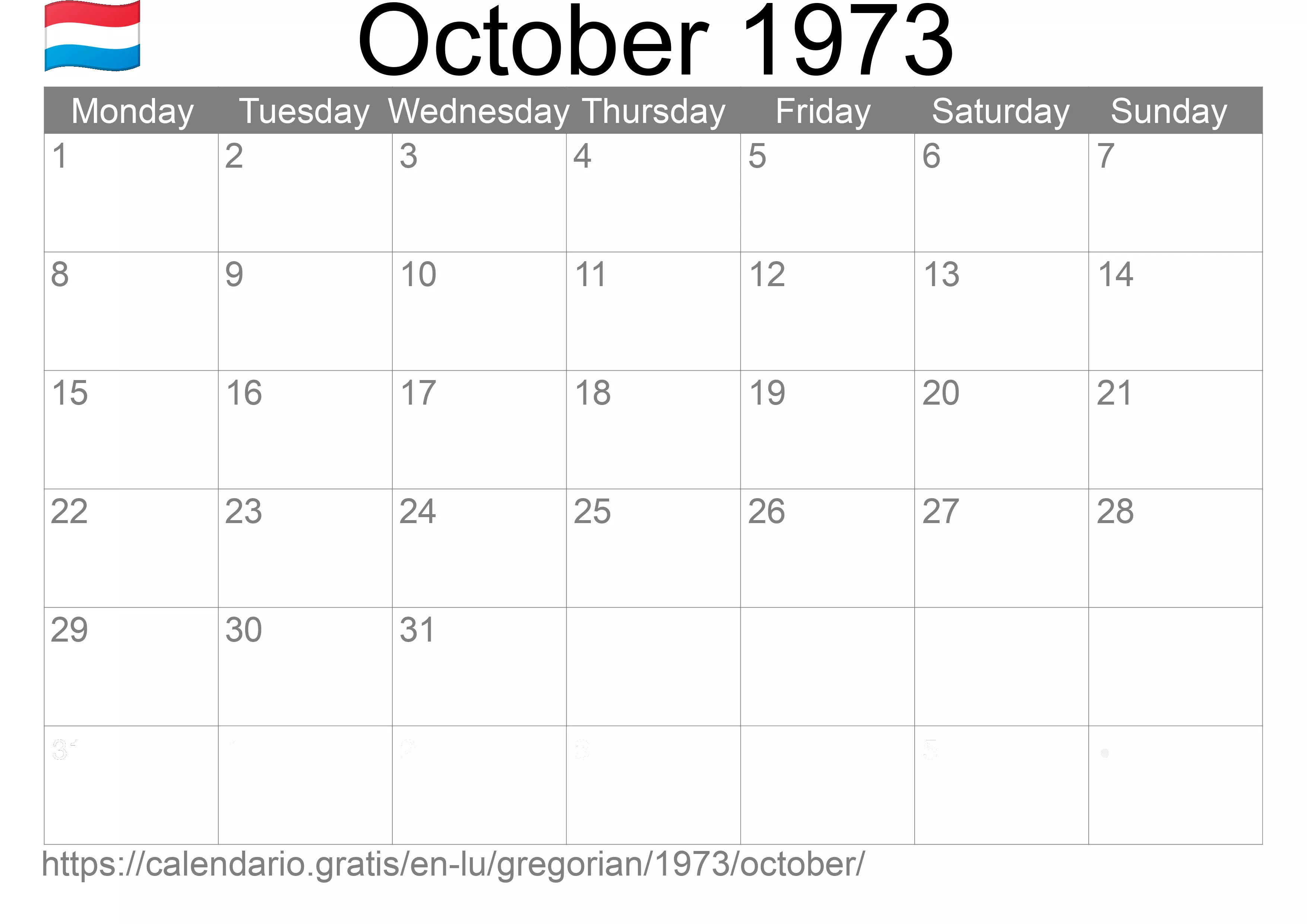 Calendar October 1973 to print (Luxembourg) Calendar October 1973 to print (Luxembourg)