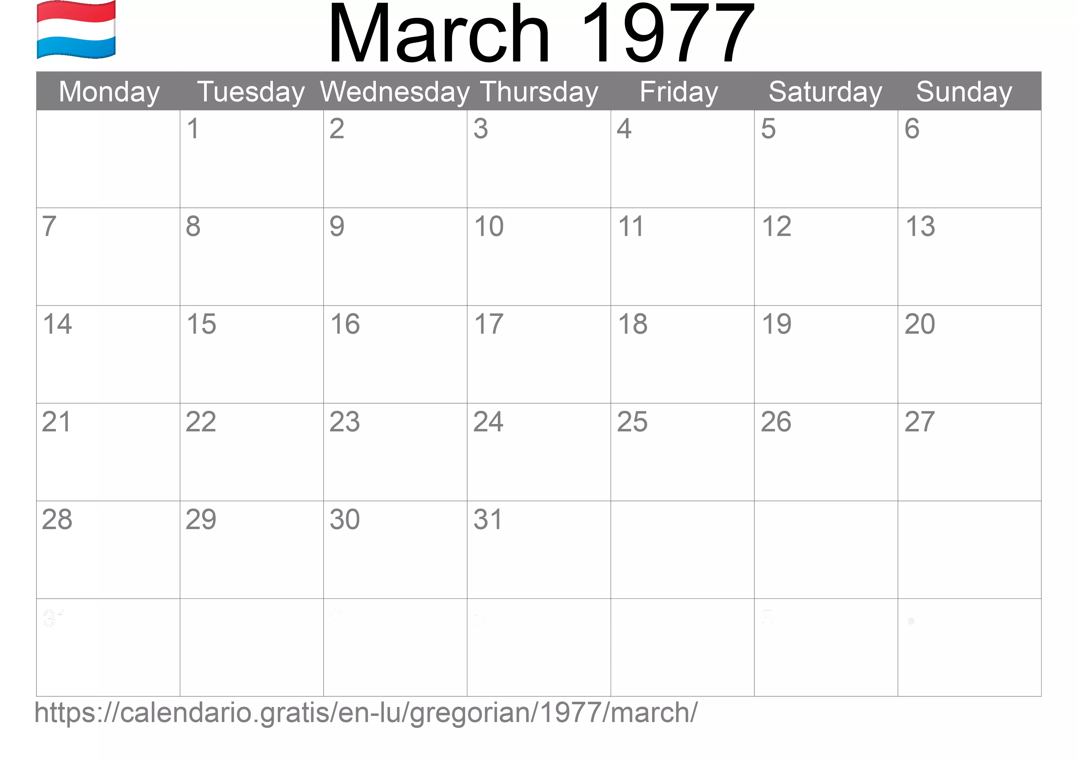 Calendar March 1977 to print (Luxembourg) Calendar March 1977 to print (Luxembourg)