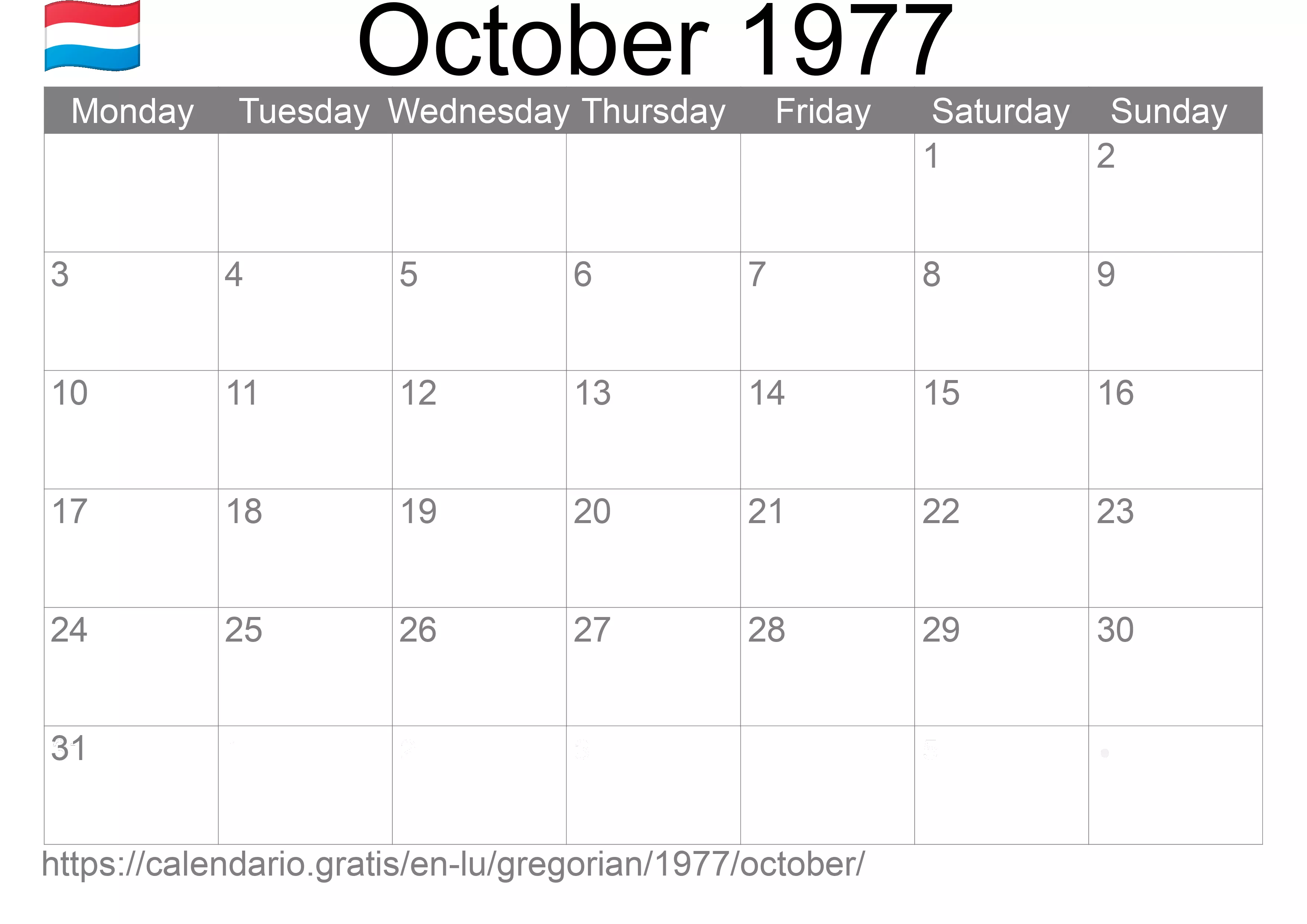 Calendar October 1977 to print (Luxembourg) Calendar October 1977 to print (Luxembourg)
