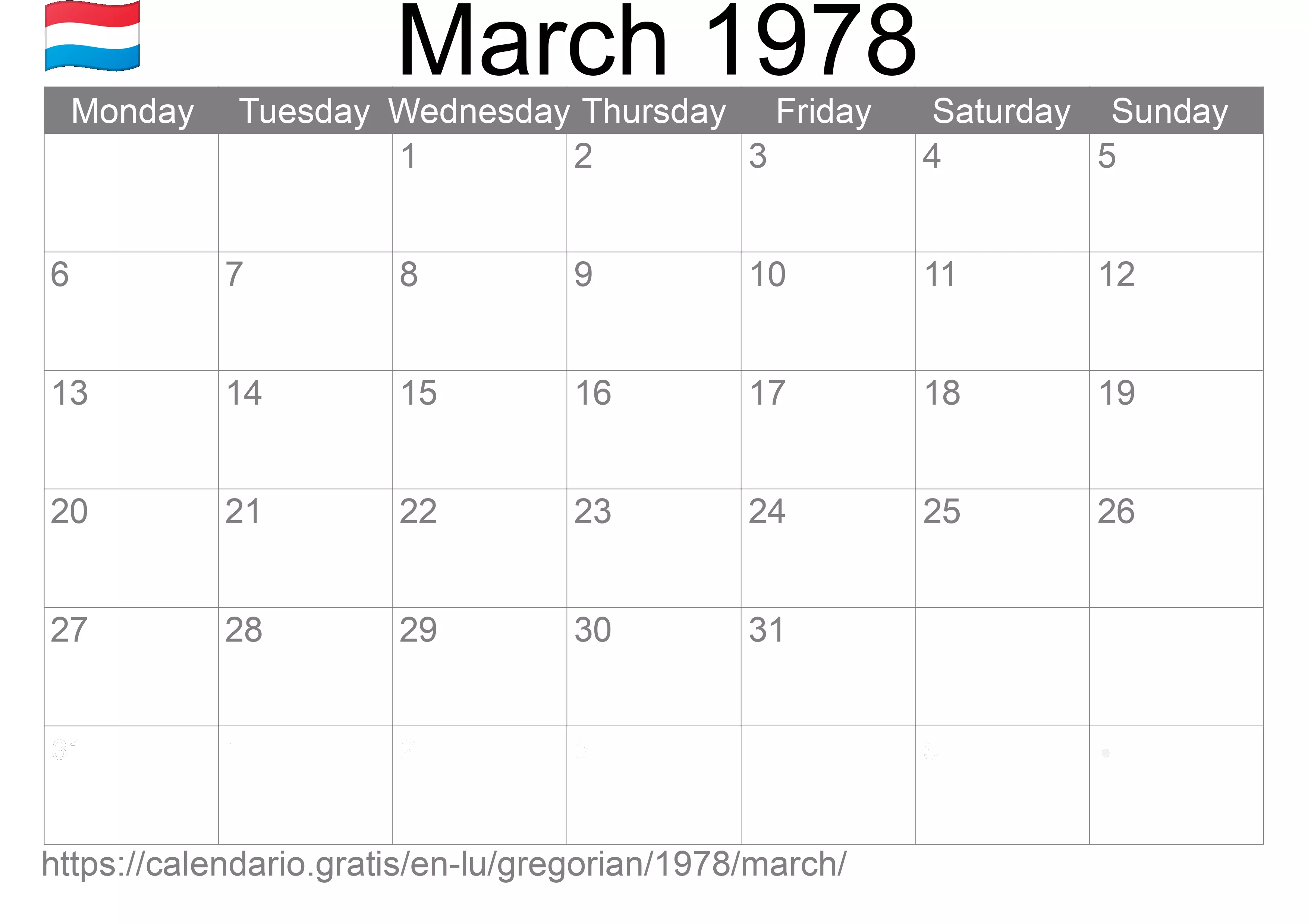 Calendar March 1978 to print (Luxembourg) Calendar March 1978 to print (Luxembourg)