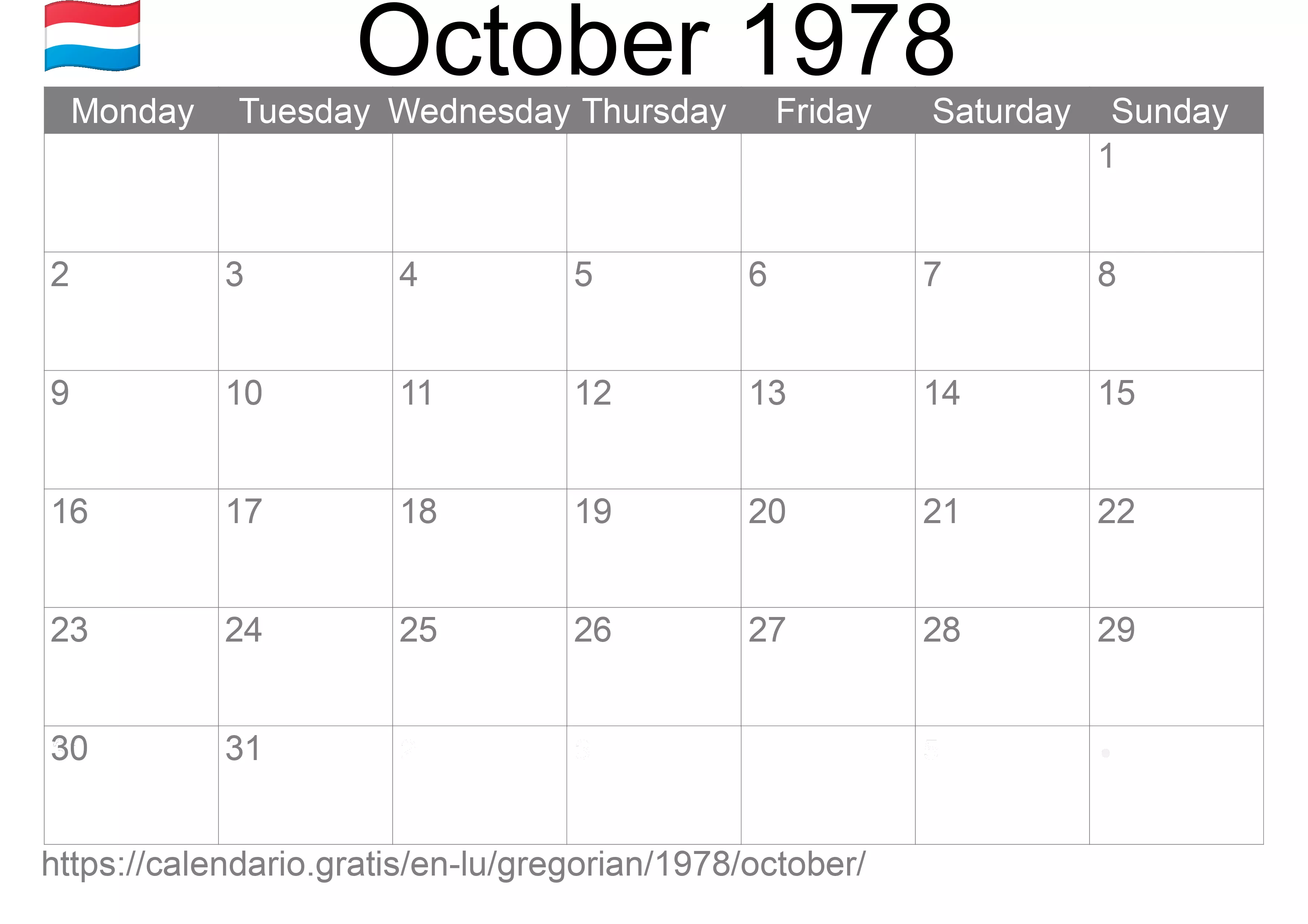 Calendar October 1978 to print (Luxembourg) Calendar October 1978 to print (Luxembourg)