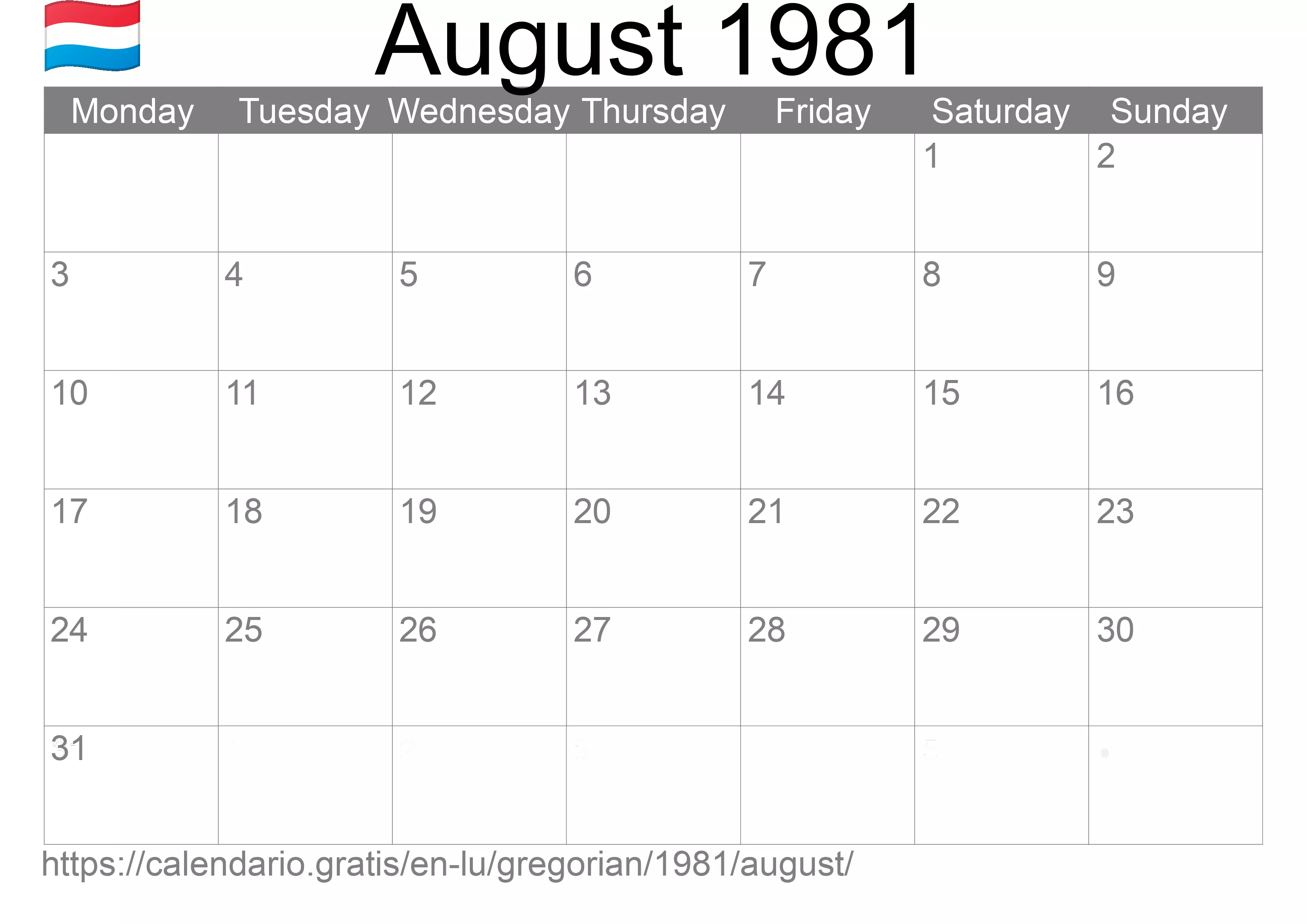 Calendar August 1981 to print (Luxembourg) Calendar August 1981 to print (Luxembourg)
