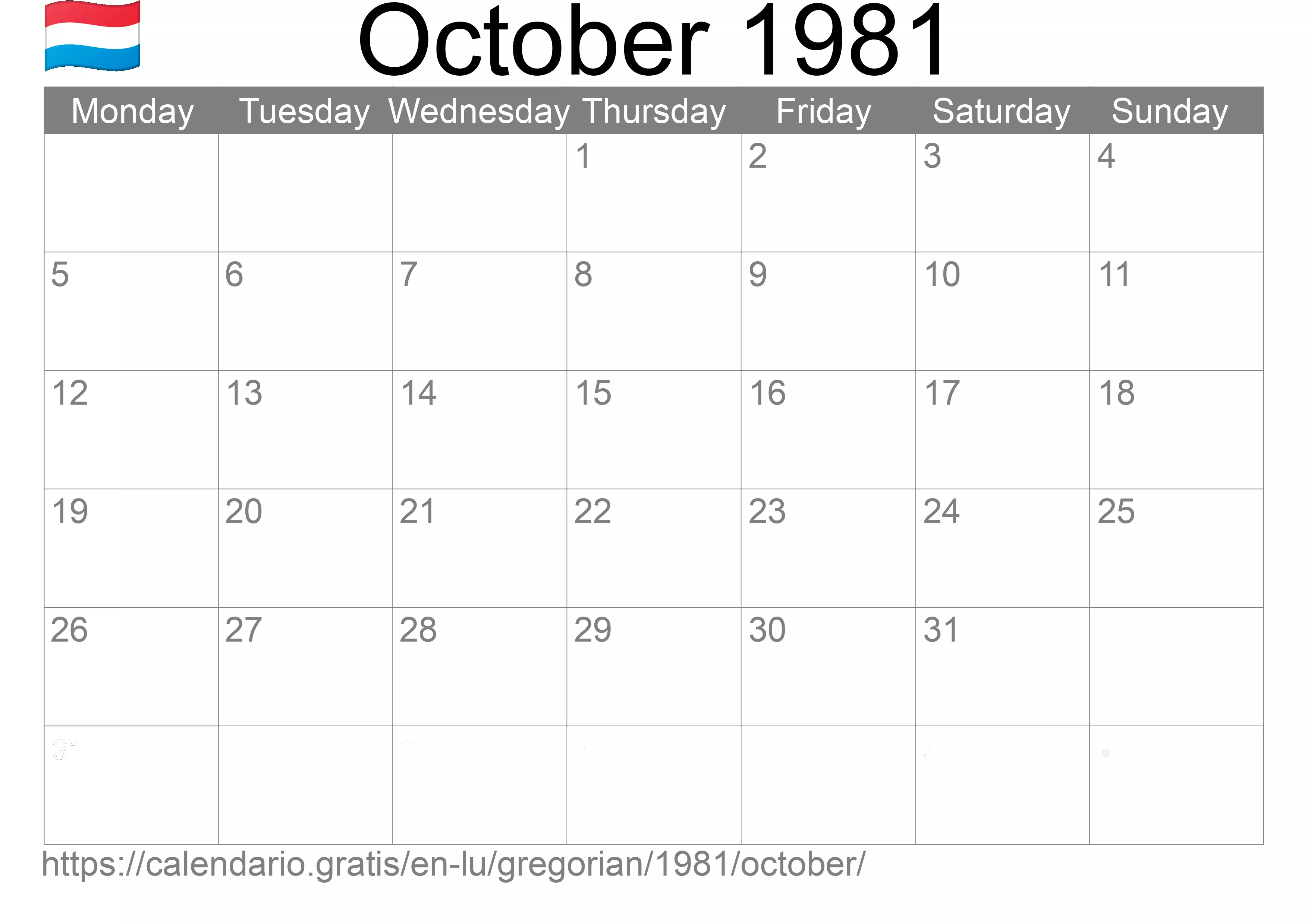 Calendar October 1981 to print (Luxembourg) Calendar October 1981 to print (Luxembourg)