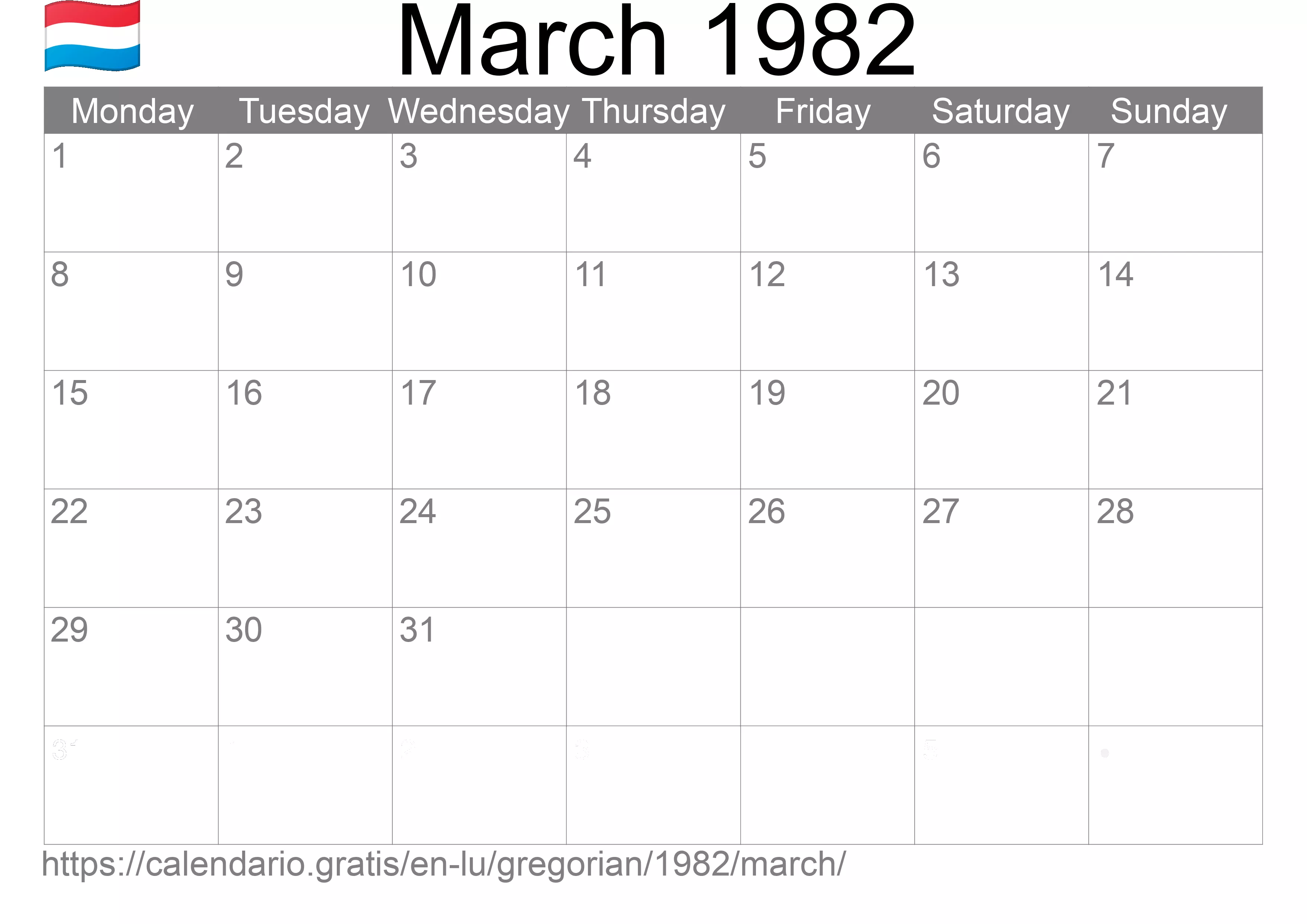 Calendar March 1982 to print (Luxembourg) Calendar March 1982 to print (Luxembourg)