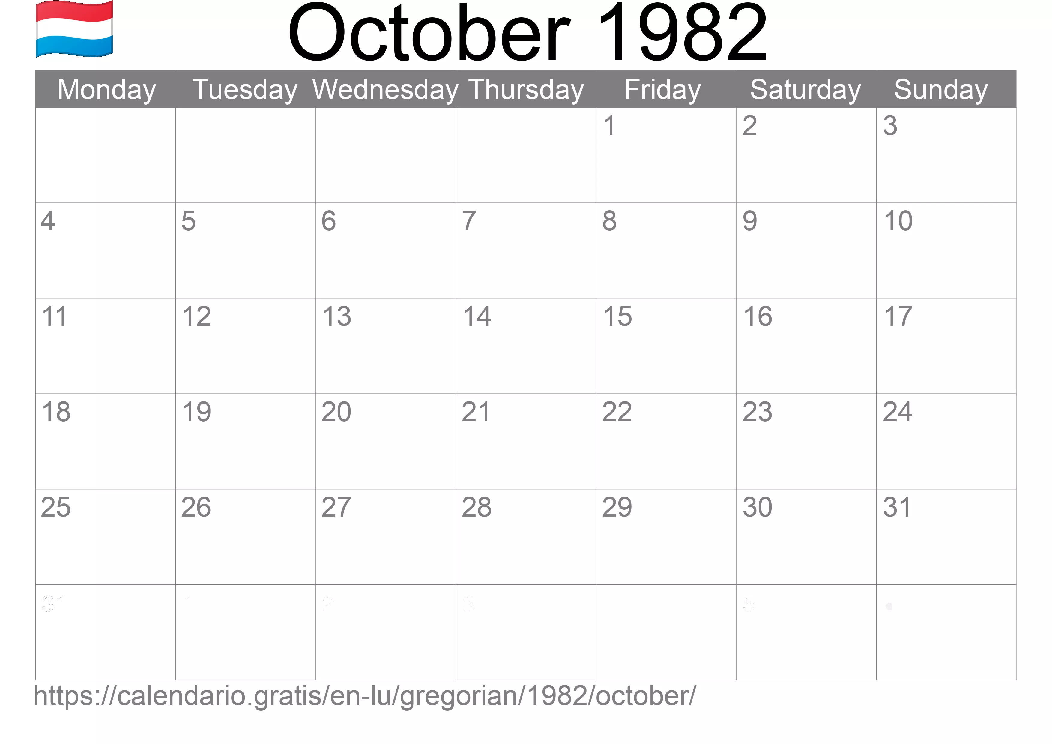 Calendar October 1982 to print (Luxembourg) Calendar October 1982 to print (Luxembourg)