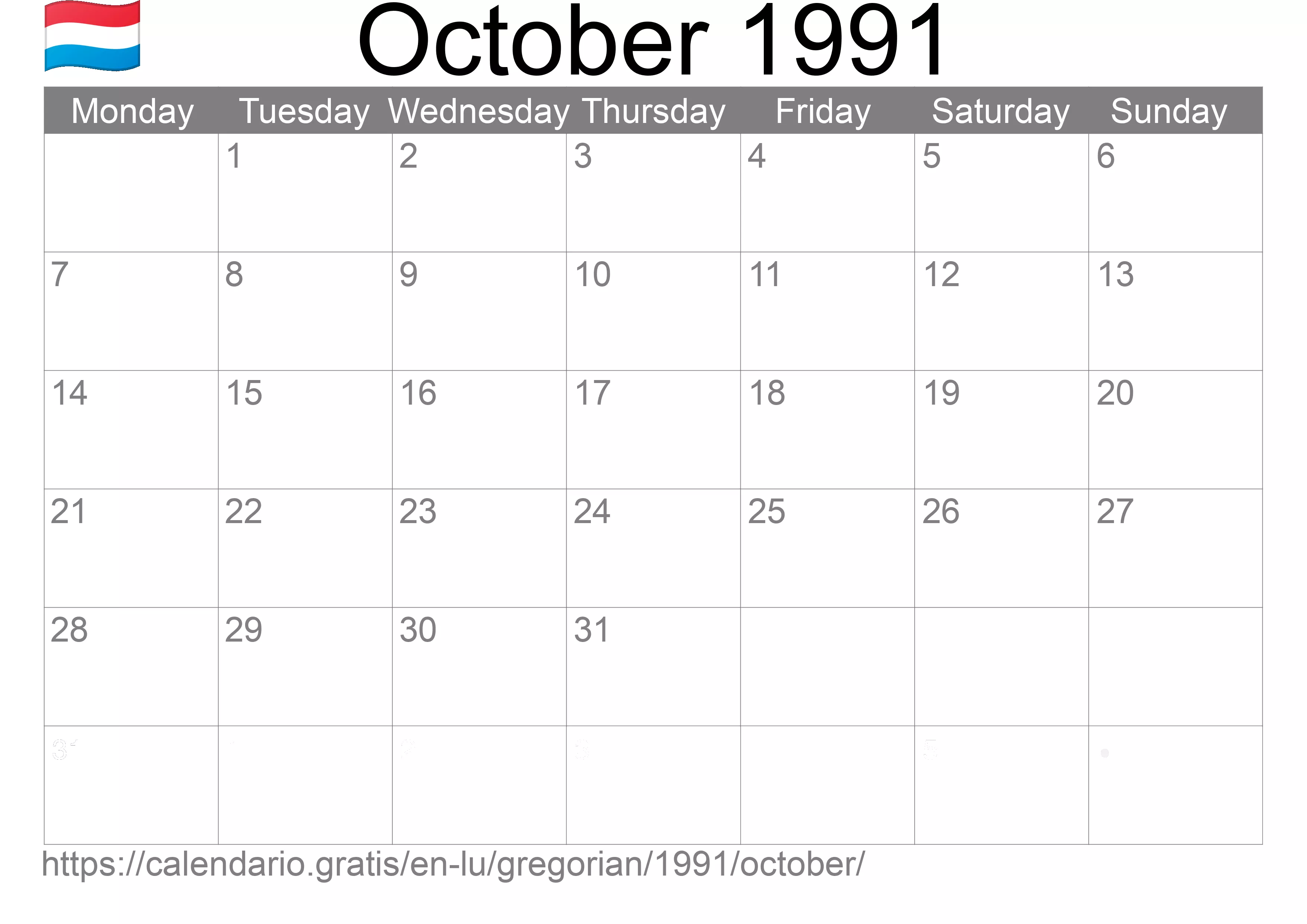 Calendar October 1991 to print (Luxembourg) Calendar October 1991 to print (Luxembourg)