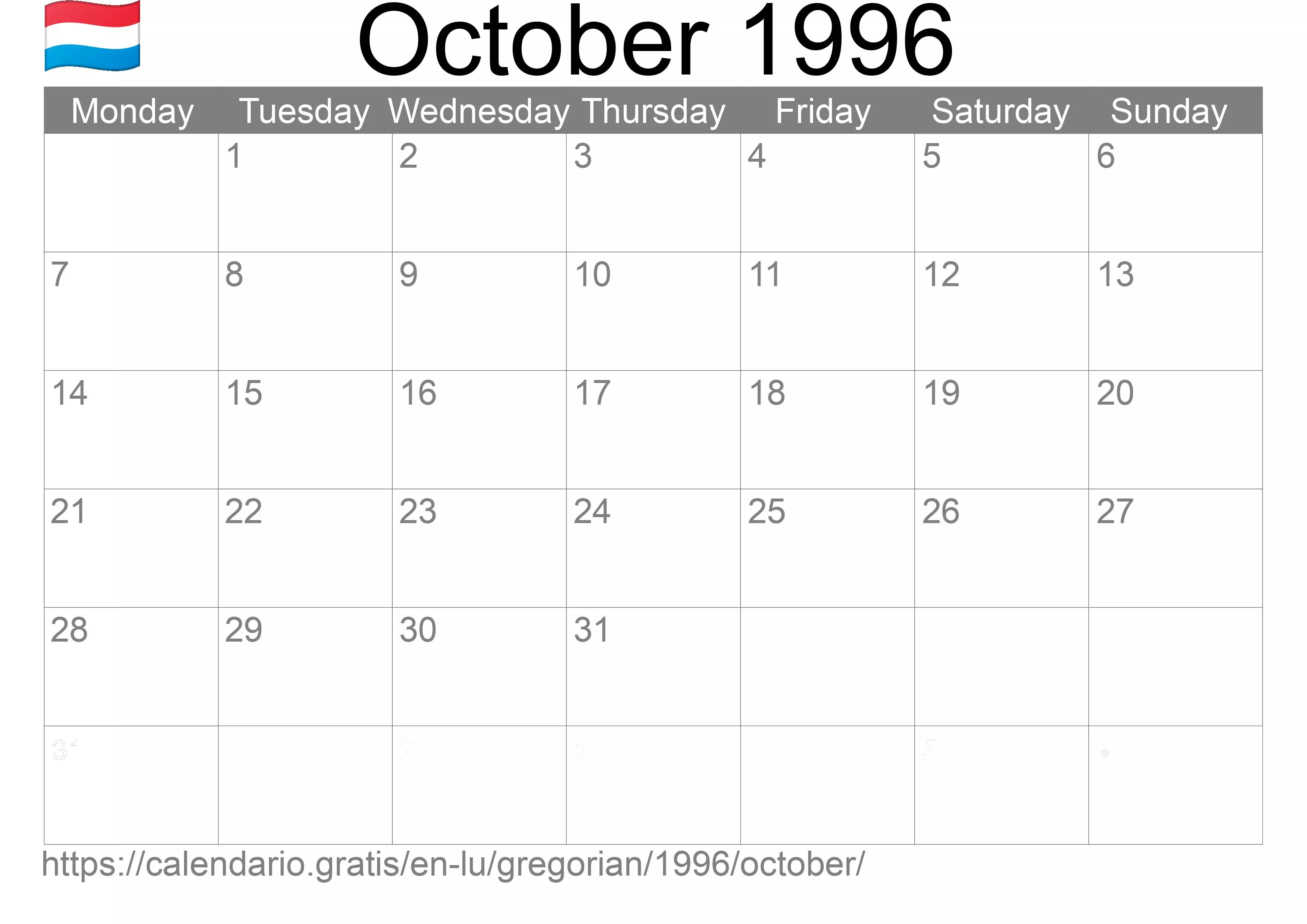 Calendar October 1996 to print (Luxembourg) Calendar October 1996 to print (Luxembourg)