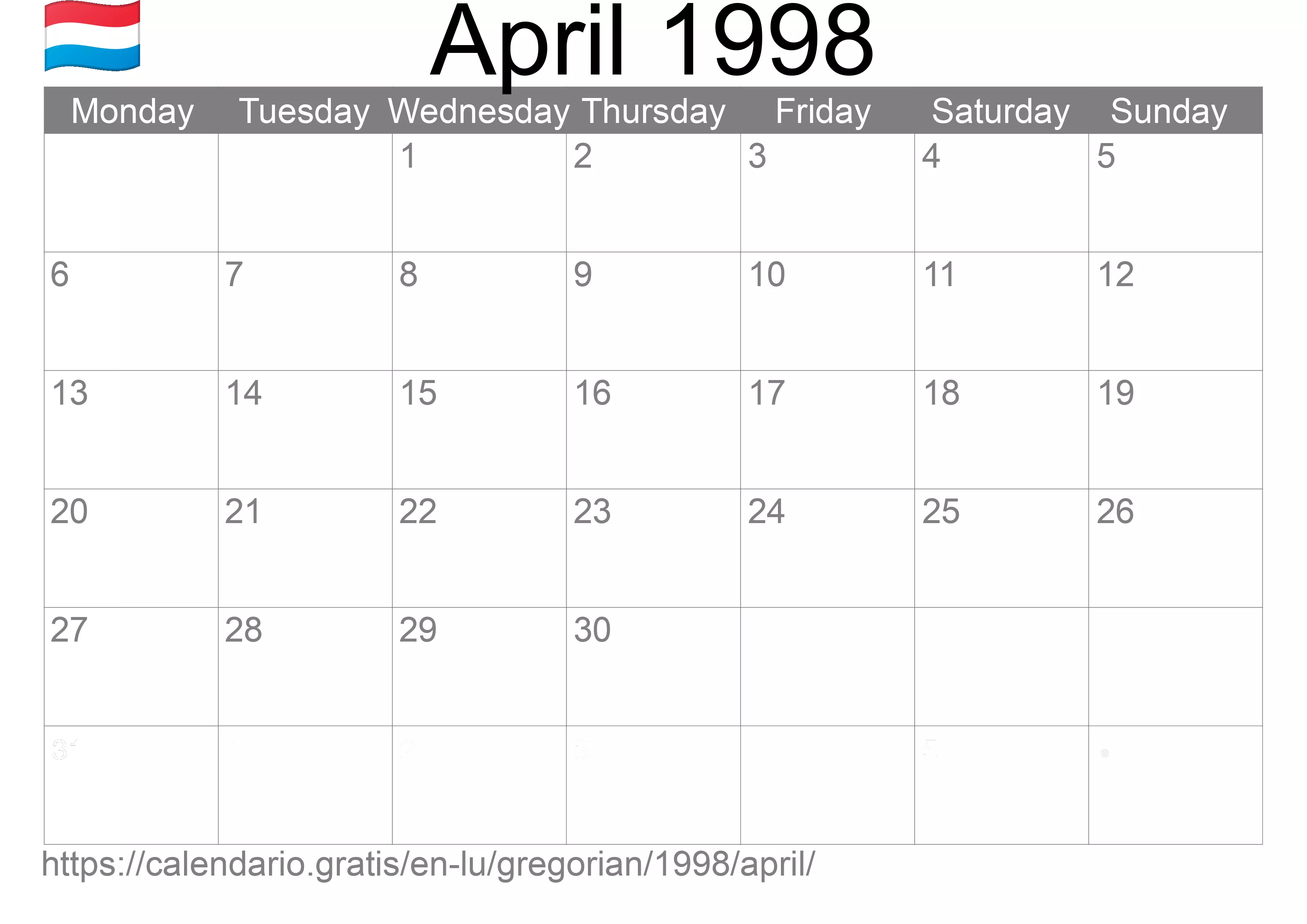 Calendar April 1998 to print (Luxembourg) Calendar April 1998 to print (Luxembourg)