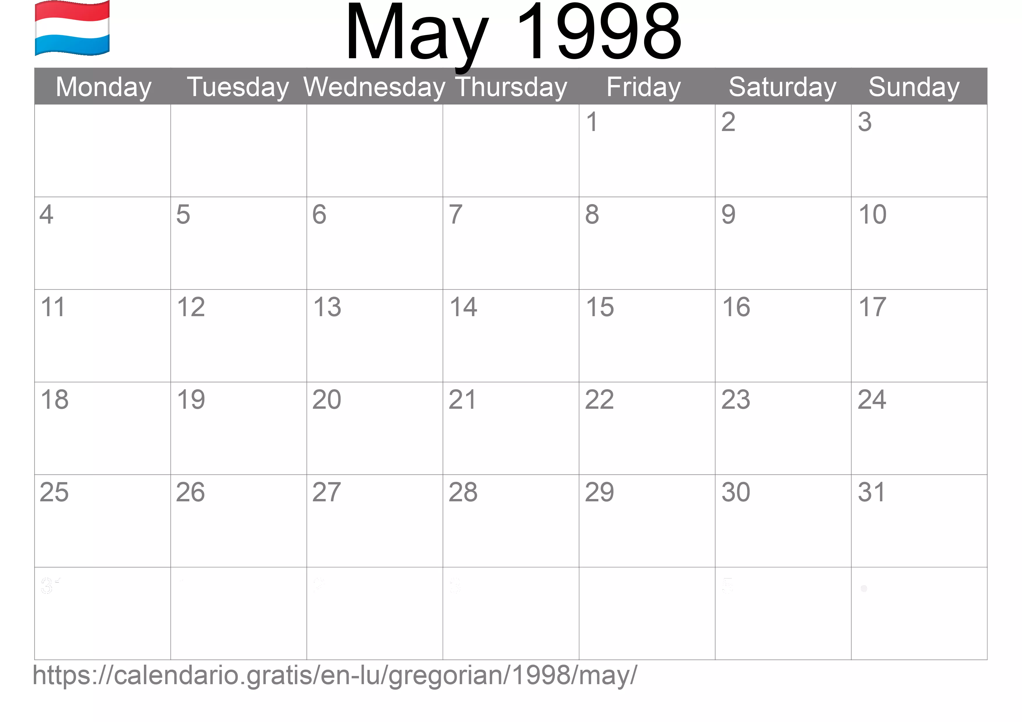 Calendar May 1998 to print (Luxembourg) Calendar May 1998 to print (Luxembourg)
