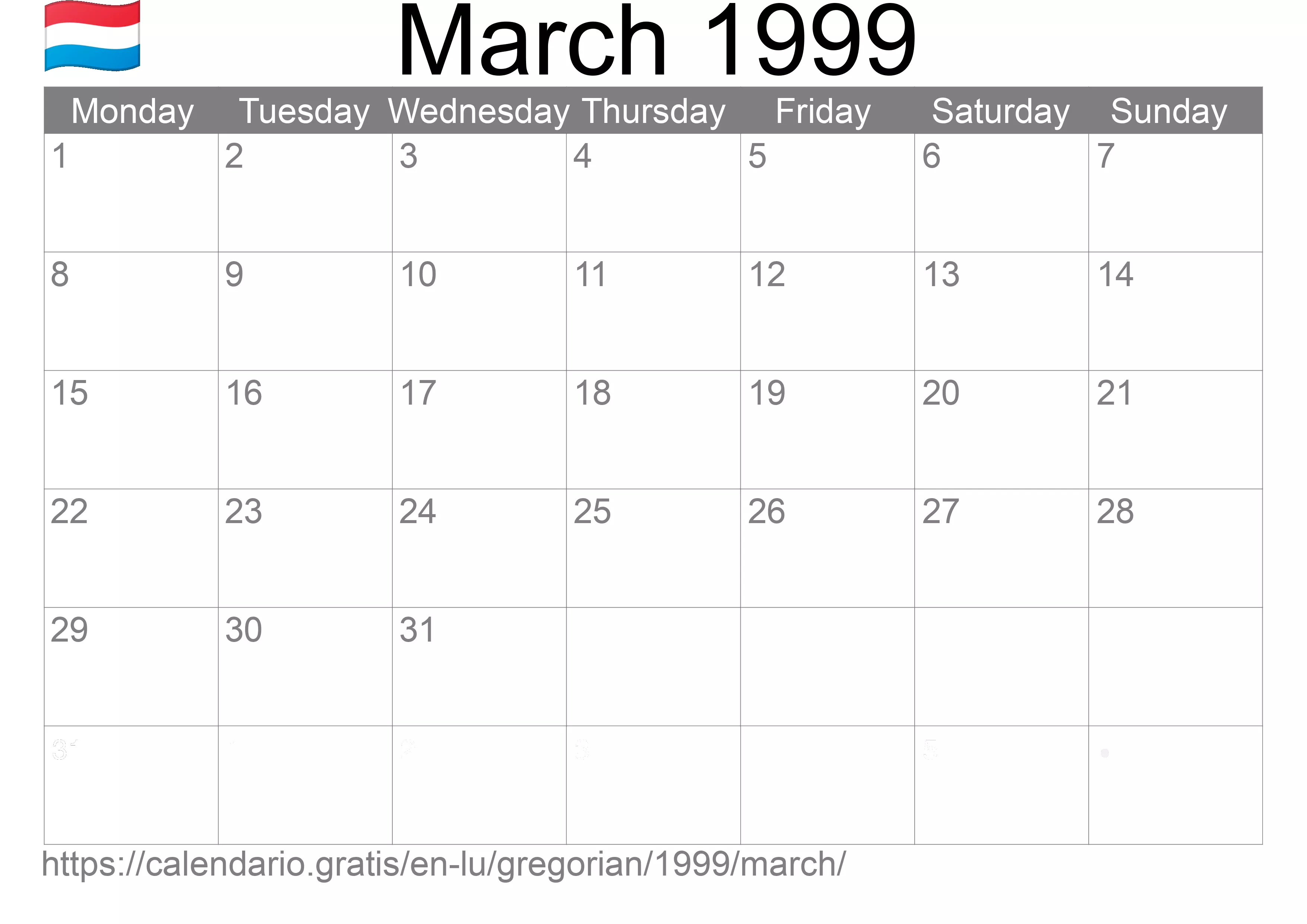 Calendar March 1999 to print (Luxembourg) Calendar March 1999 to print (Luxembourg)