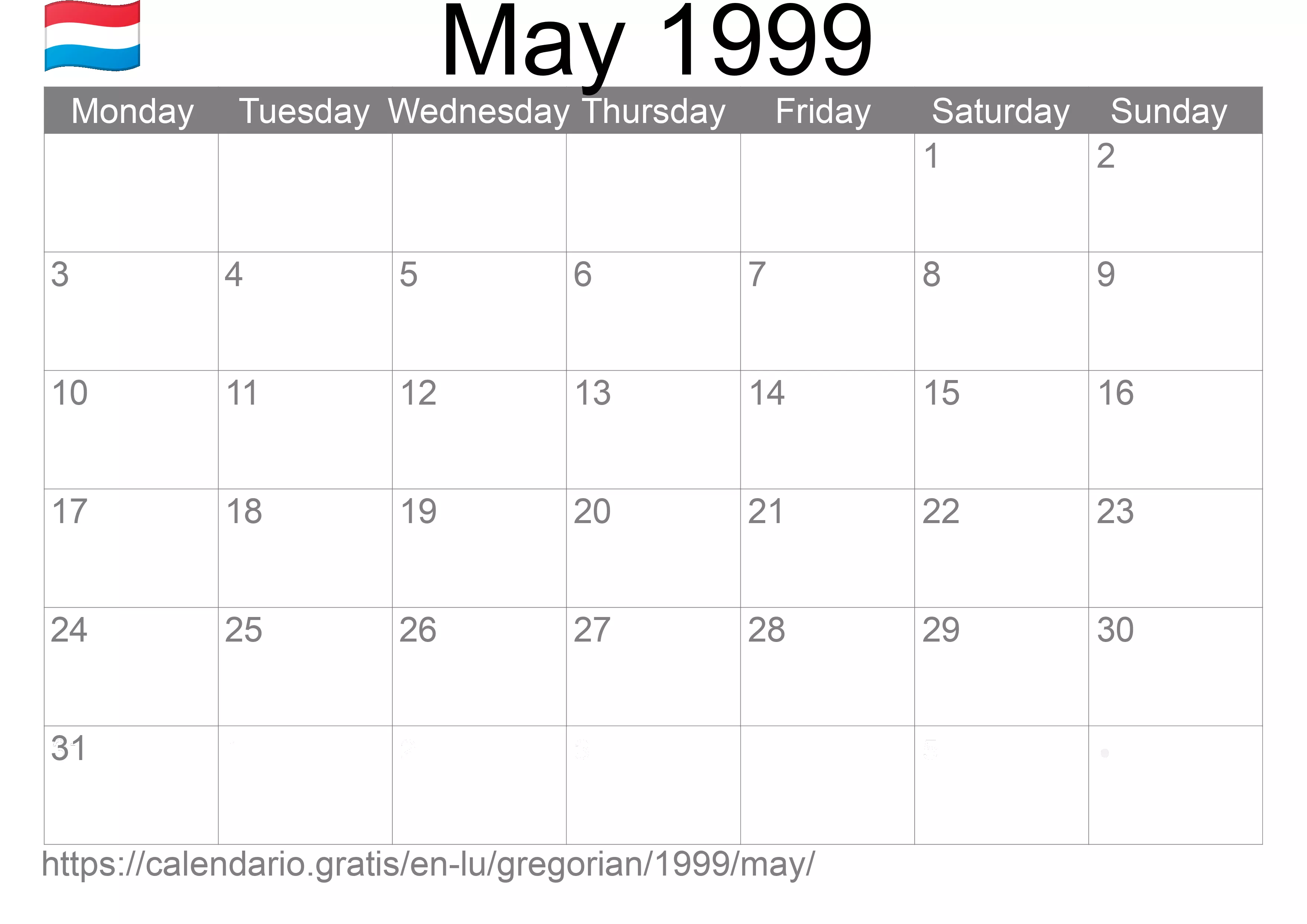 Calendar May 1999 to print (Luxembourg) Calendar May 1999 to print (Luxembourg)