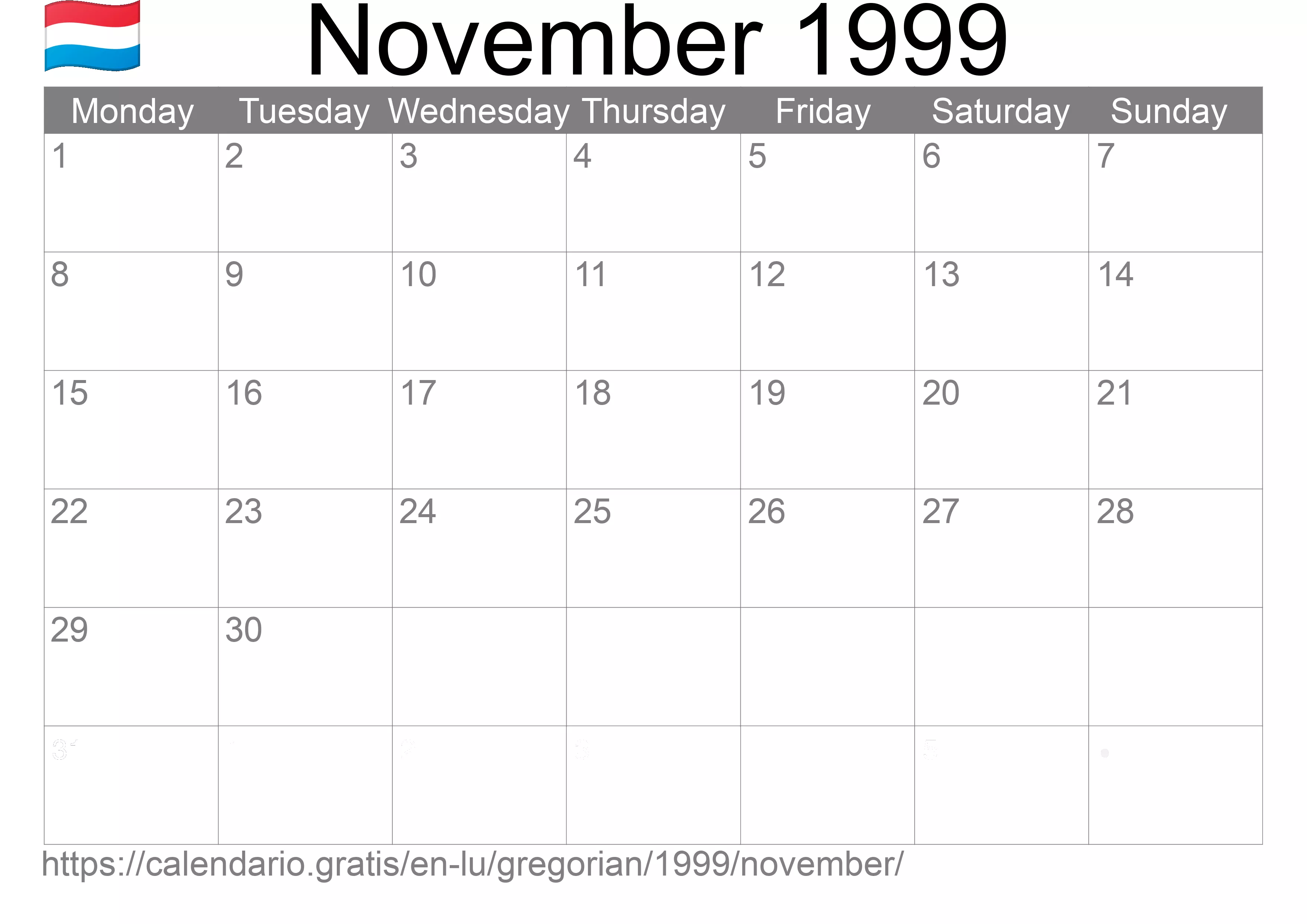 Calendar November 1999 to print (Luxembourg)