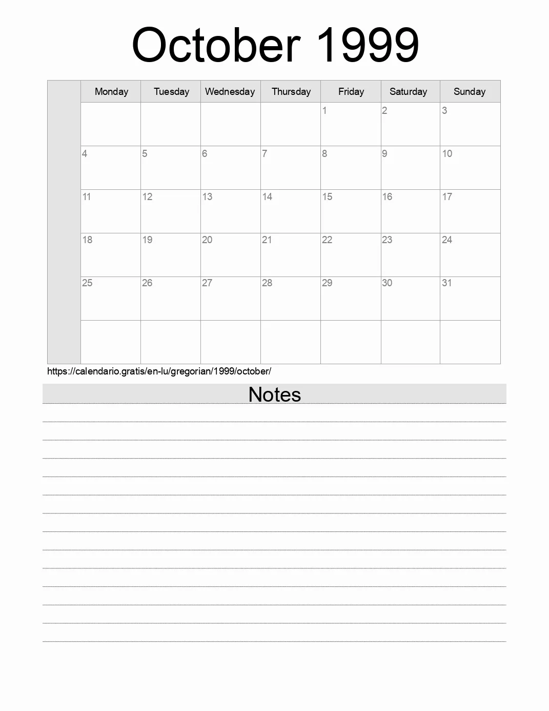 Calendar for printing with notes for 1999 October . (Luxembourg)