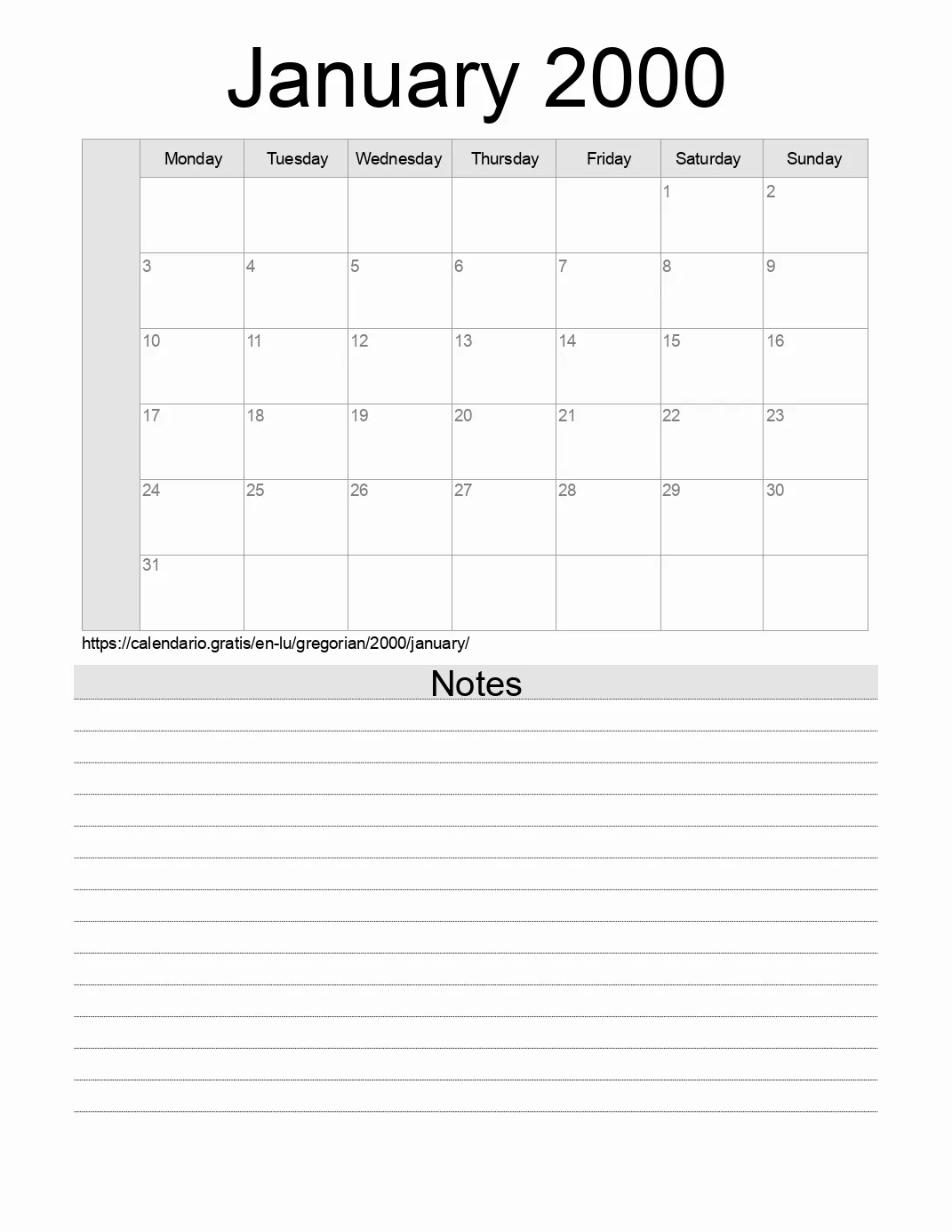 Calendar for printing with notes for 2000 January . (Luxembourg)