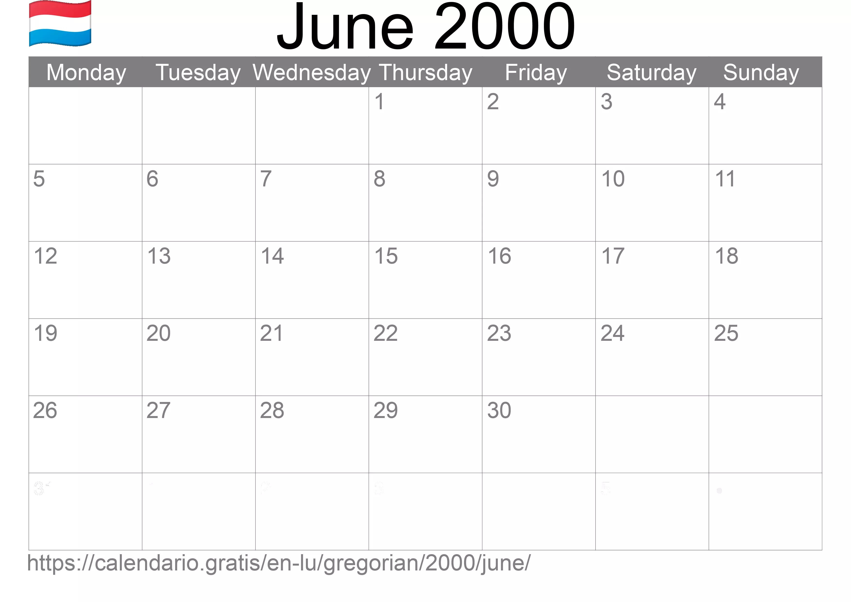 Calendar June 2000 to print (Luxembourg) Calendar June 2000 to print (Luxembourg)