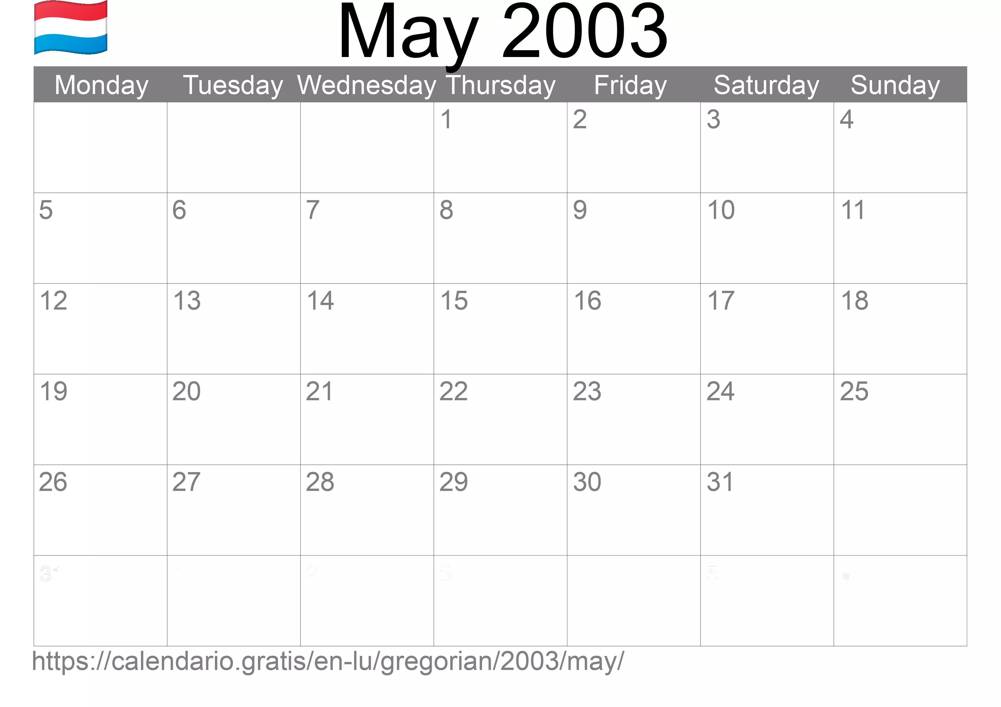 Calendar May 2003 to print (Luxembourg) Calendar May 2003 to print (Luxembourg)