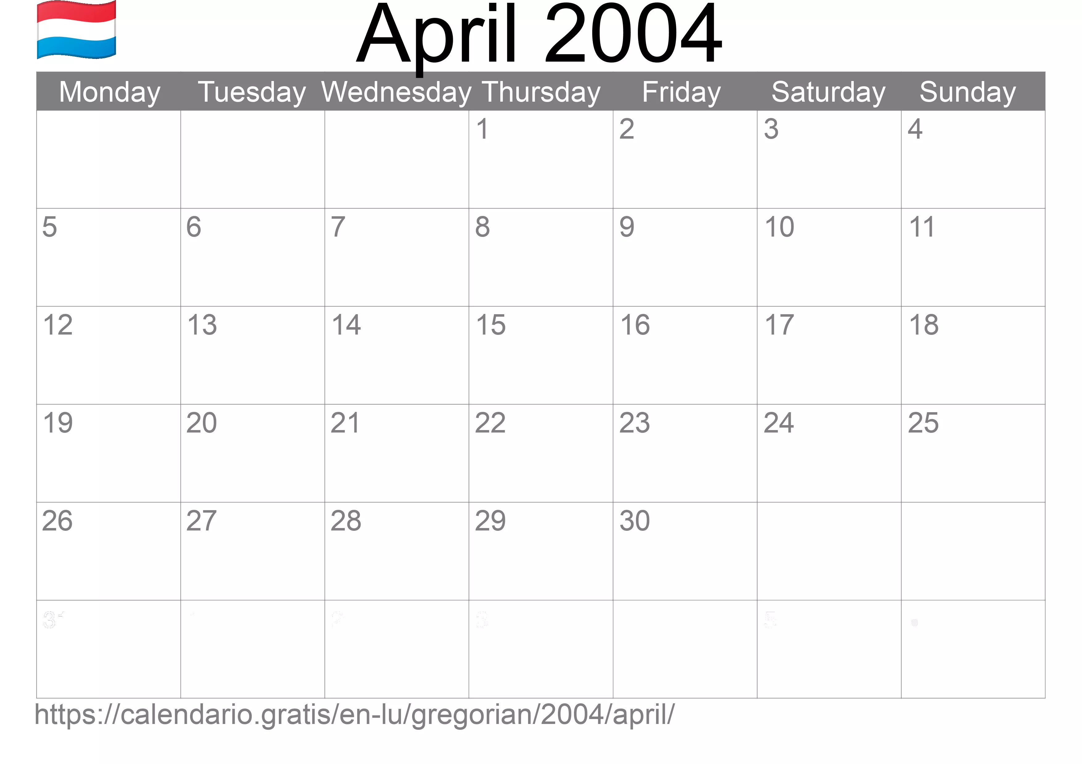 Calendar April 2004 to print (Luxembourg) Calendar April 2004 to print (Luxembourg)