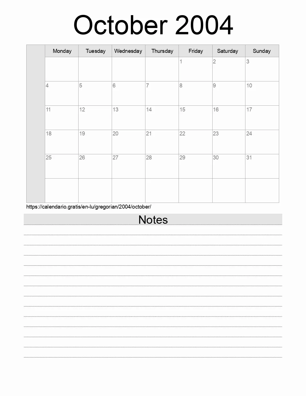 Calendar for printing with notes for 2004 October . (Luxembourg)