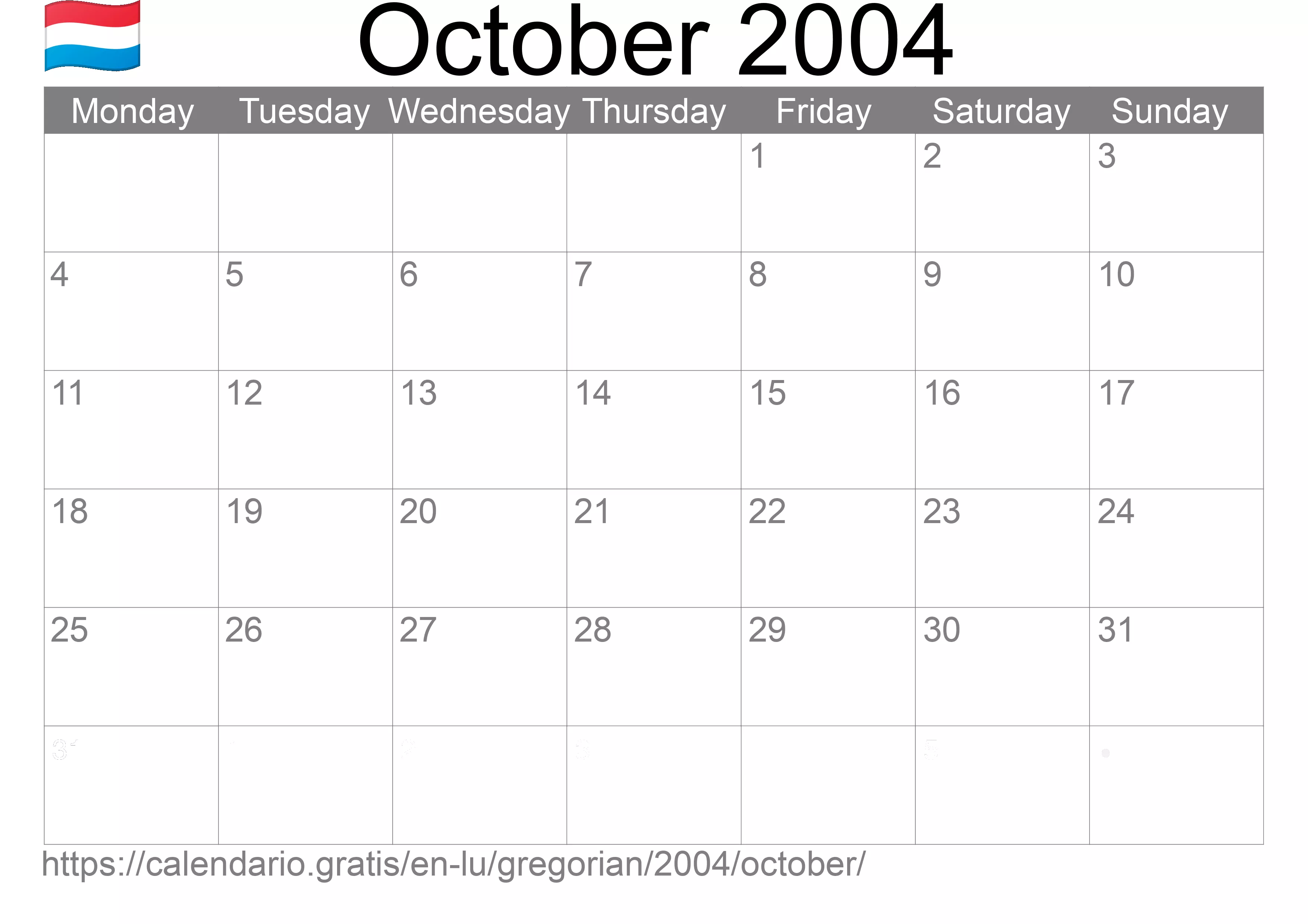 Calendar October 2004 to print (Luxembourg)