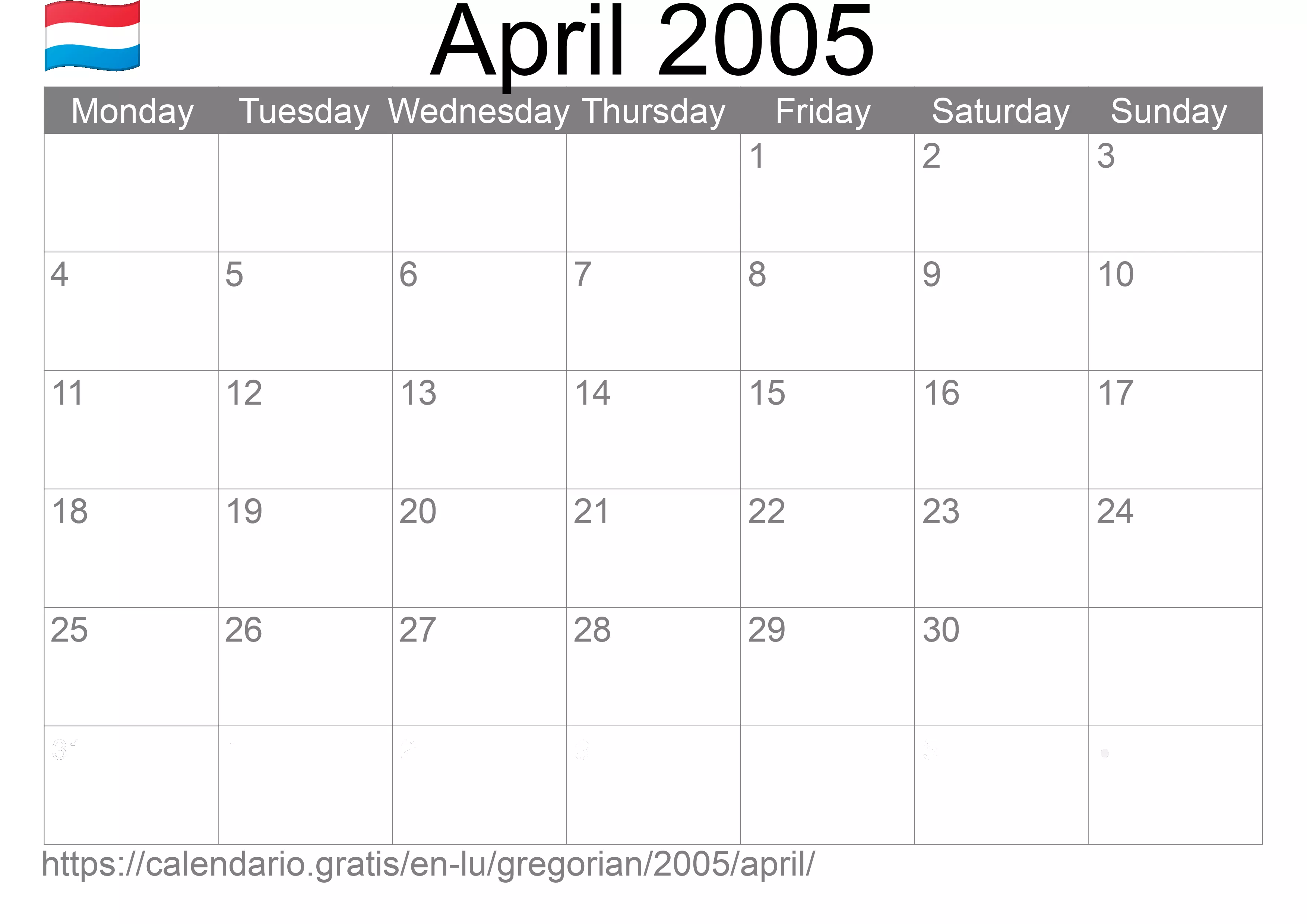 Calendar April 2005 to print (Luxembourg) Calendar April 2005 to print (Luxembourg)