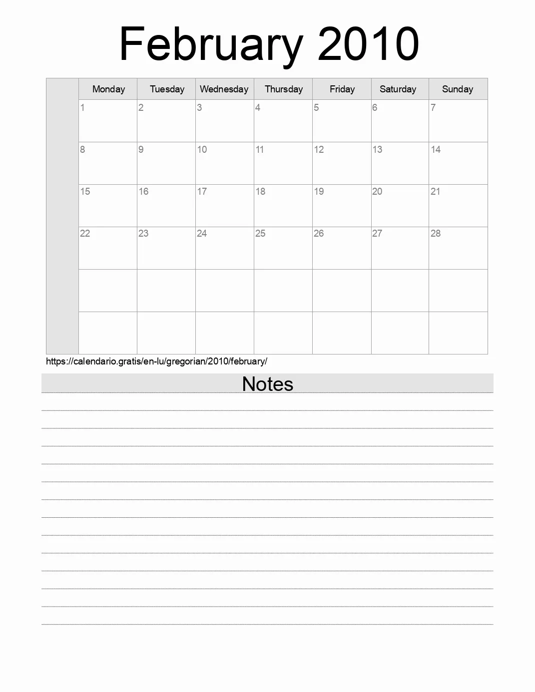 Calendar for printing with notes for 2010 February . (Luxembourg) Calendar for printing with notes for 2010 February . (Luxembourg)