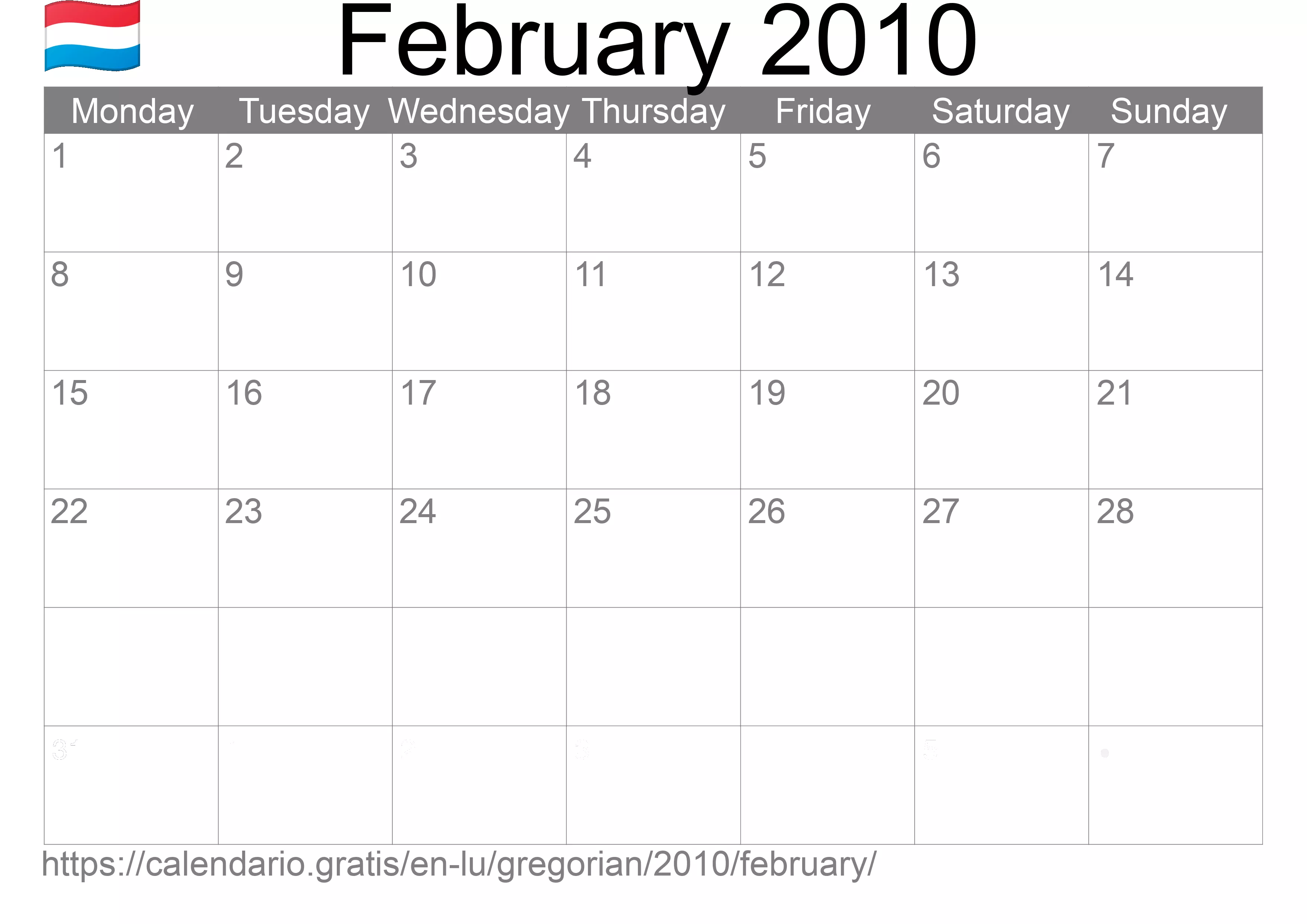 Calendar February 2010 to print (Luxembourg) Calendar February 2010 to print (Luxembourg)