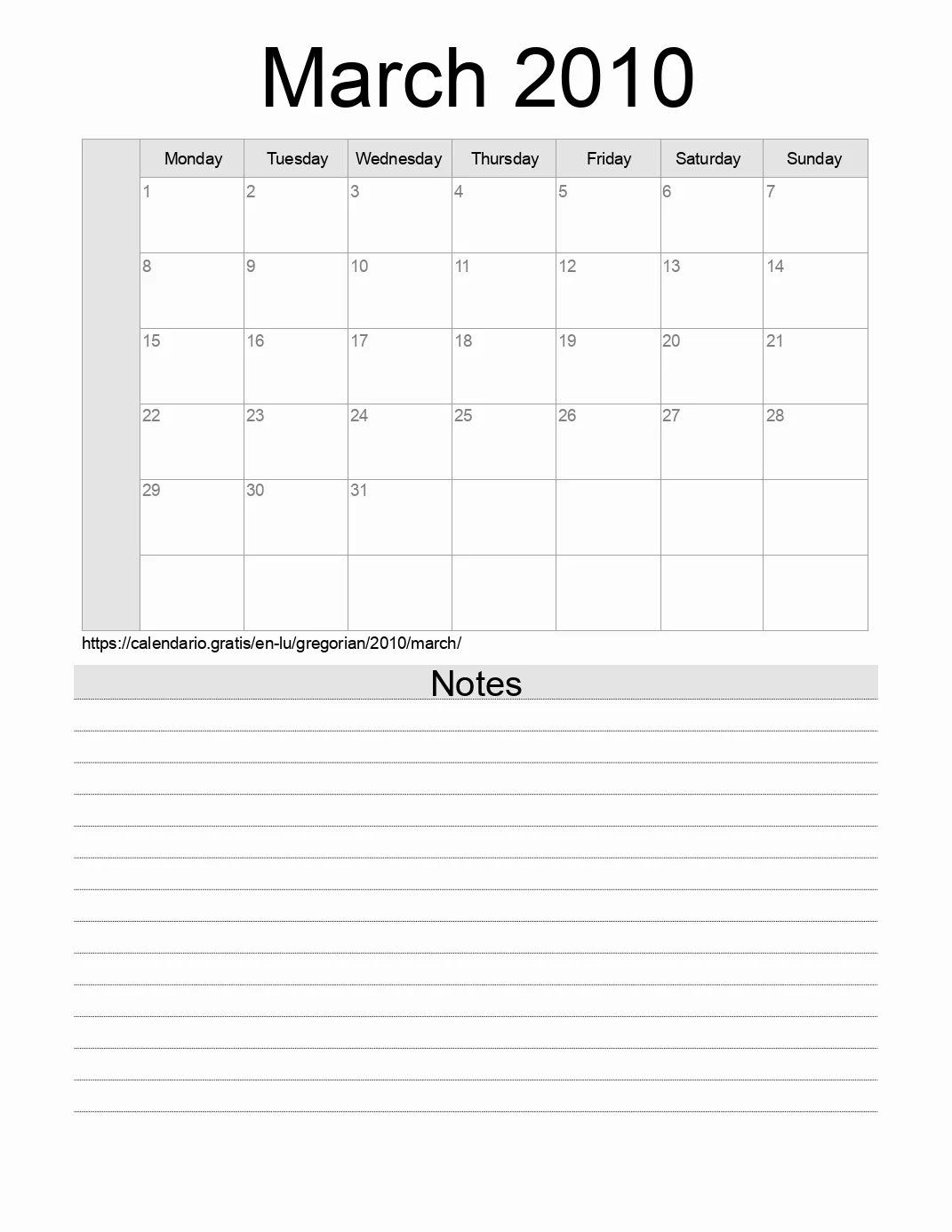 Calendar for printing with notes for 2010 March . (Luxembourg)