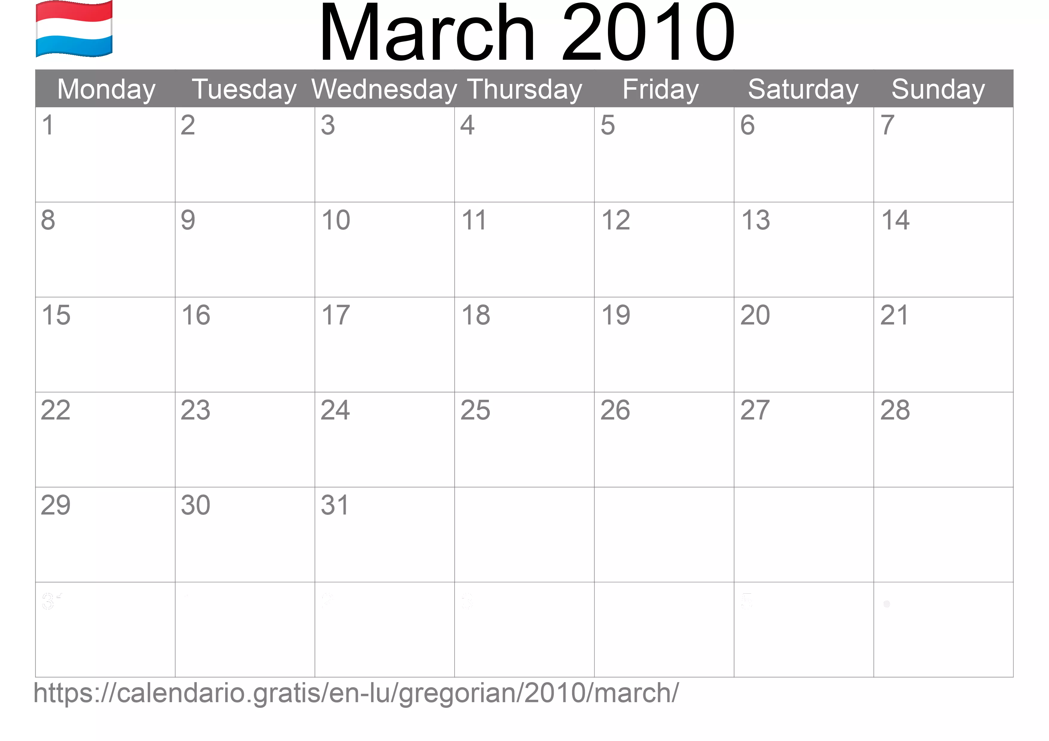 Calendar March 2010 to print (Luxembourg)