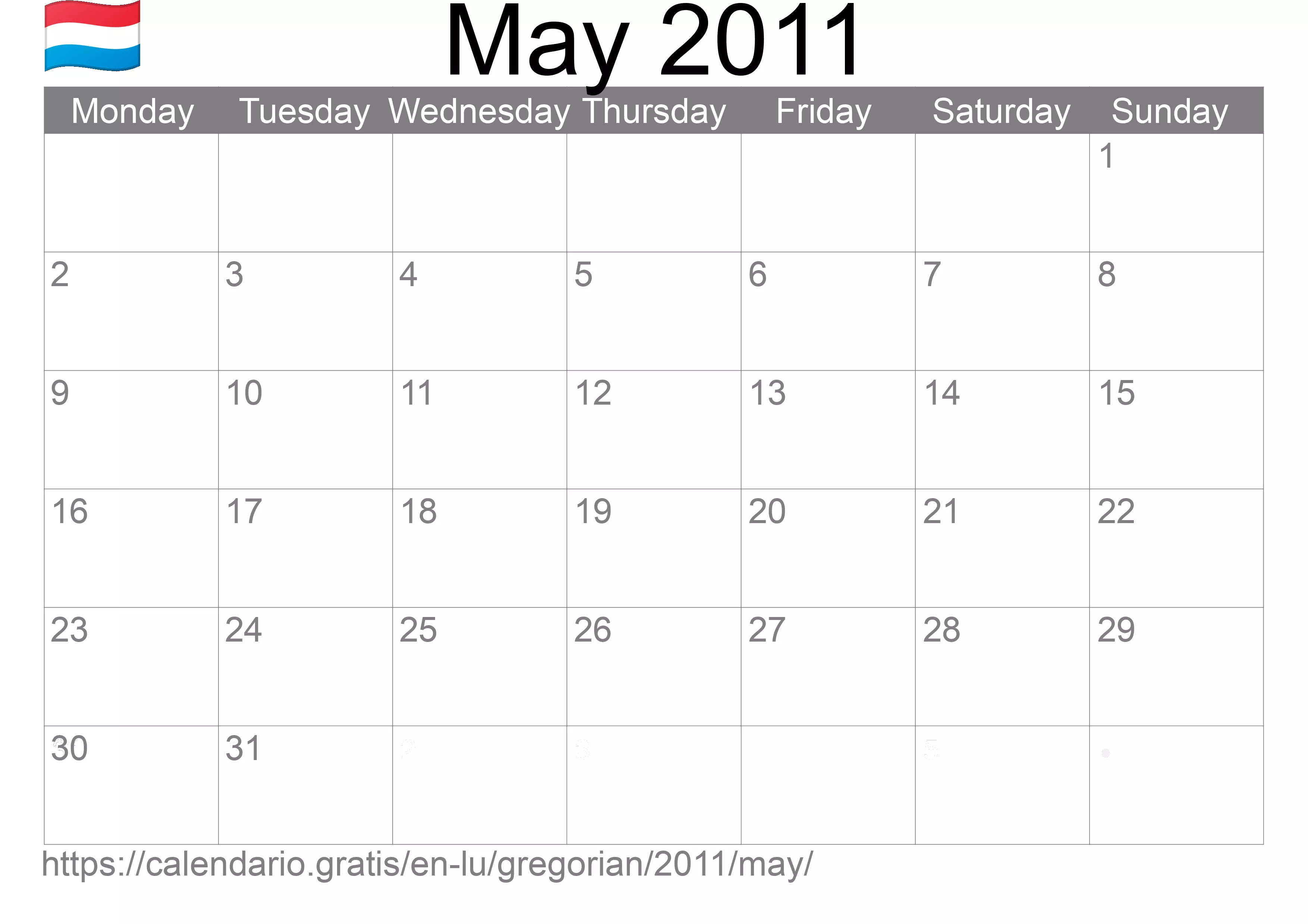 Calendar May 2011 to print (Luxembourg) Calendar May 2011 to print (Luxembourg)