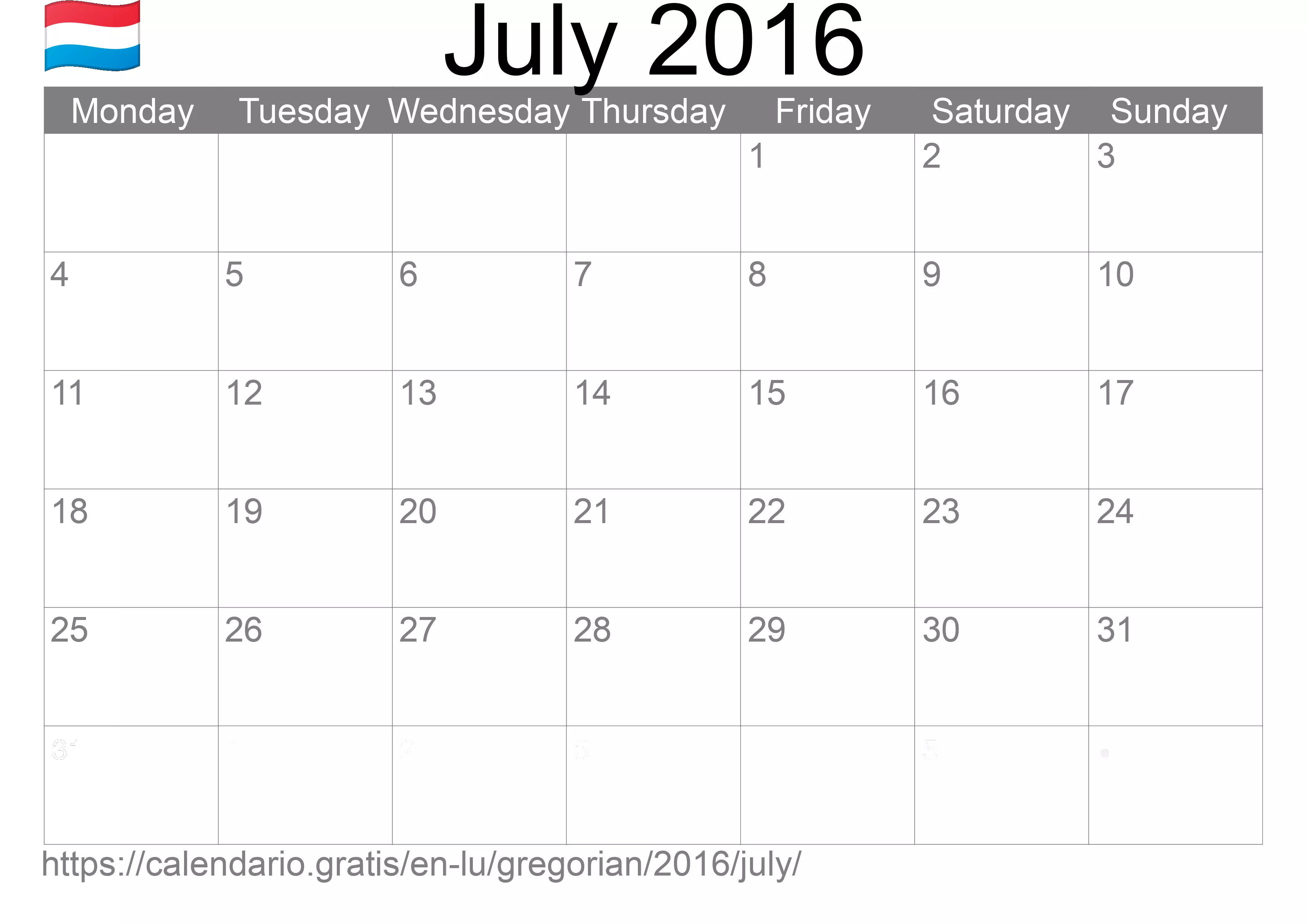 Calendar July 2016 to print (Luxembourg)
