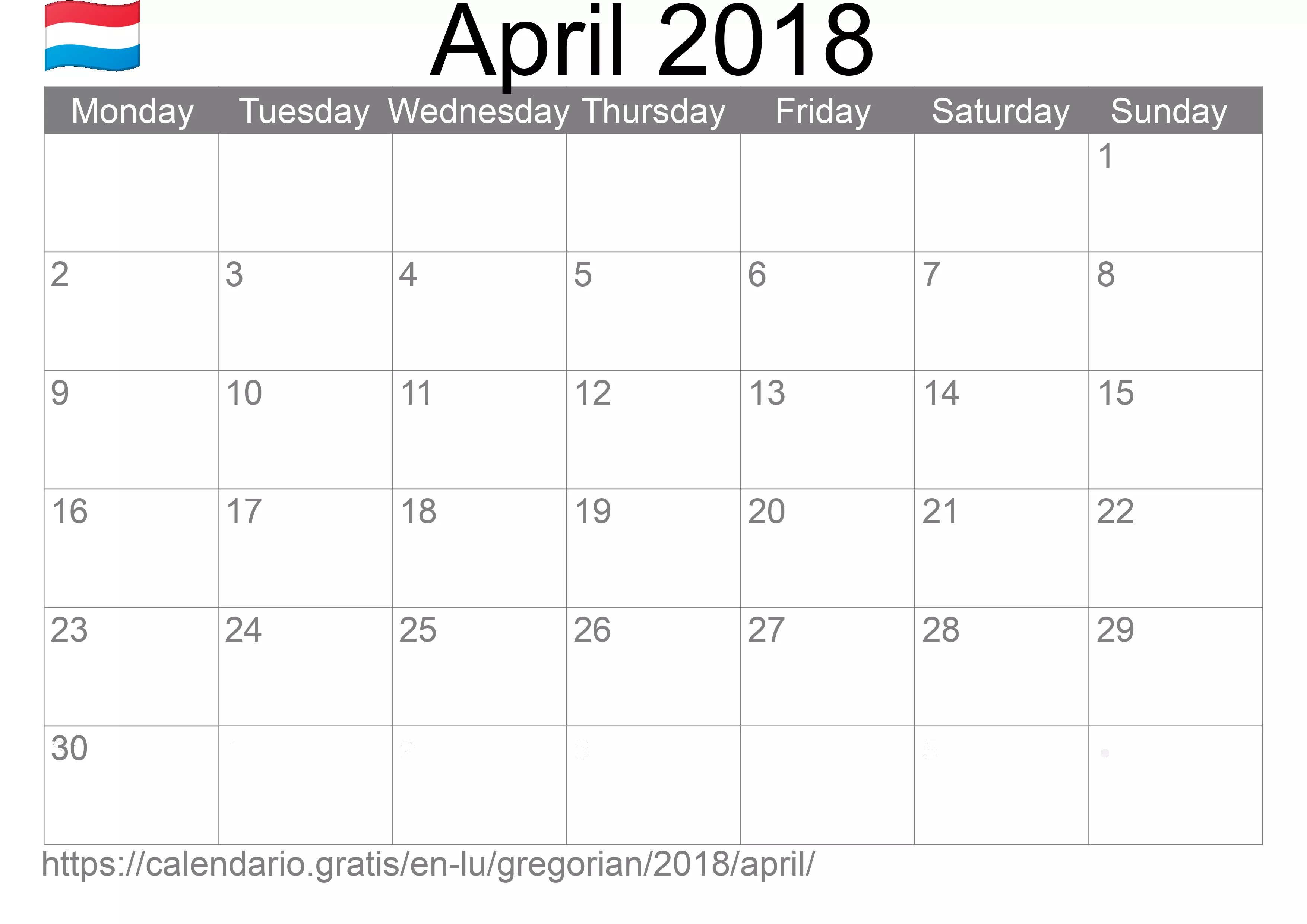 Calendar April 2018 to print (Luxembourg) Calendar April 2018 to print (Luxembourg)