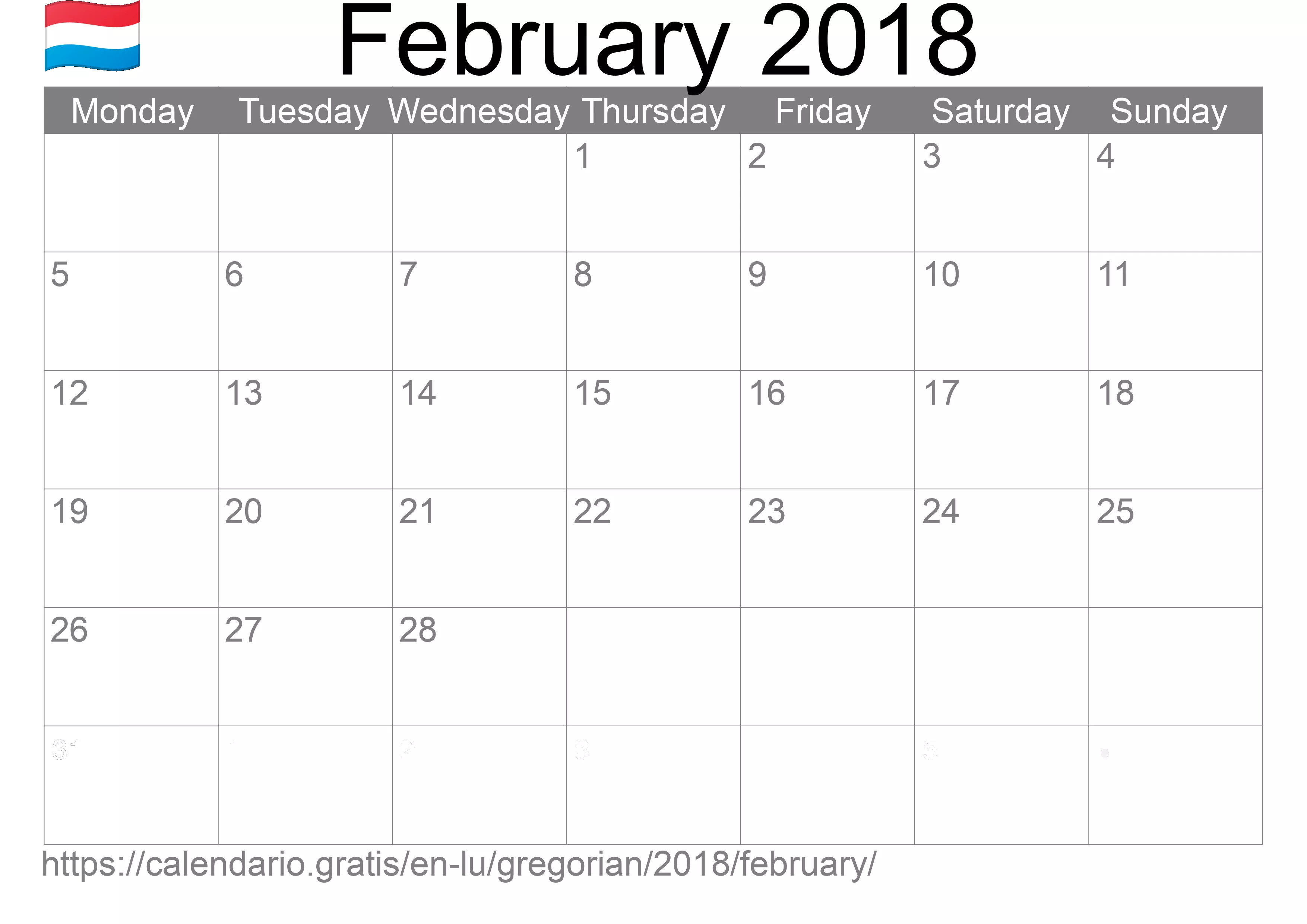 Calendar February 2018 to print (Luxembourg) Calendar February 2018 to print (Luxembourg)